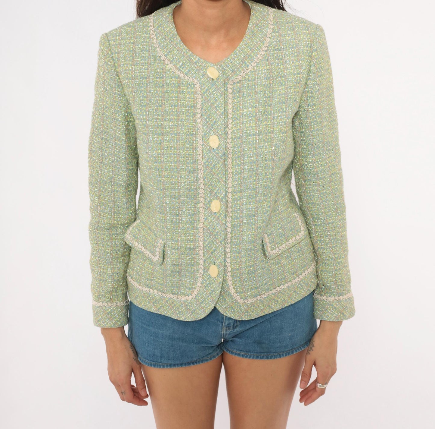 2000s Henry Lee Sage Tweed Blazer Collarless V-Neck Boucle Small S