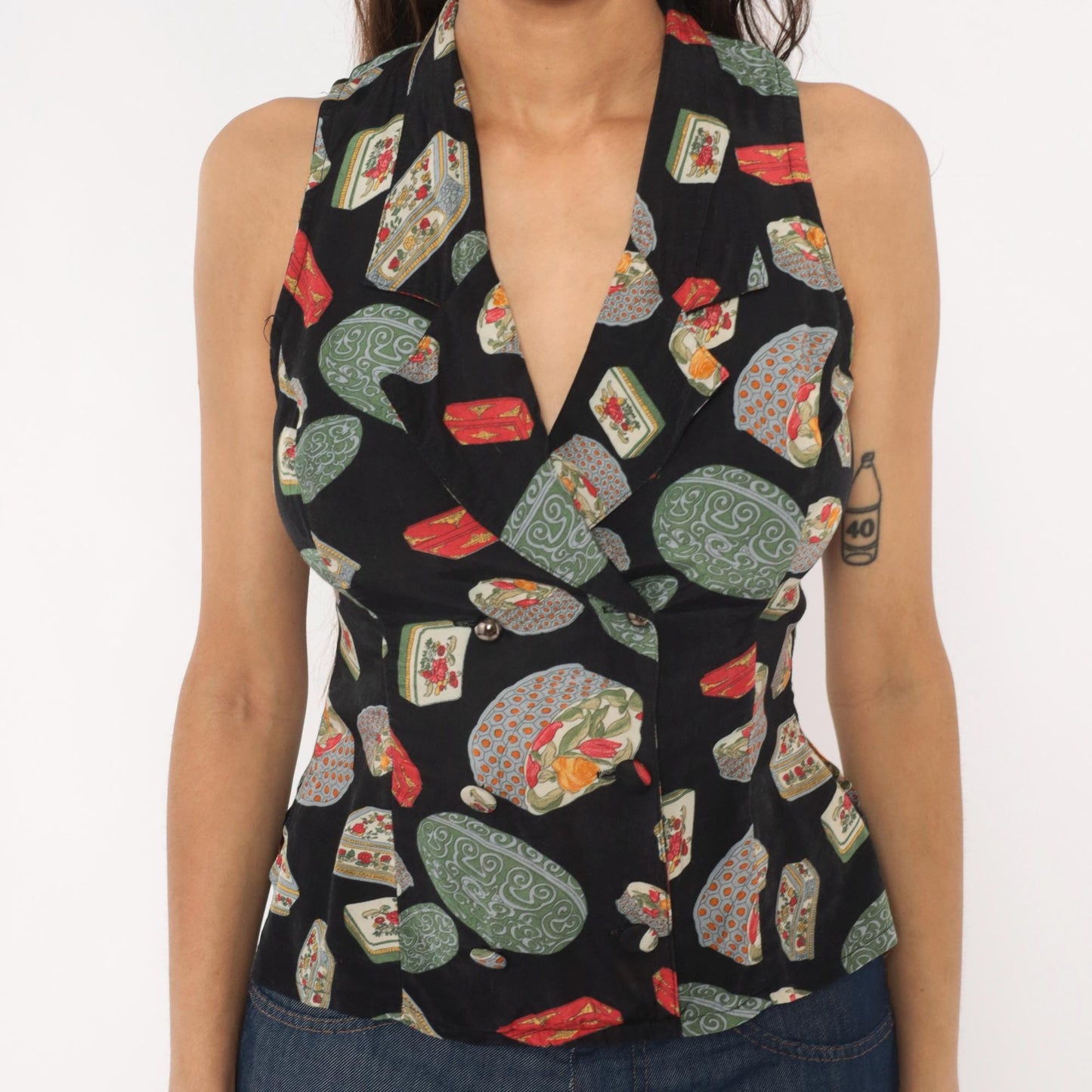 90s Paris Blues Novelty Print Halter Vest Black Green Red Small