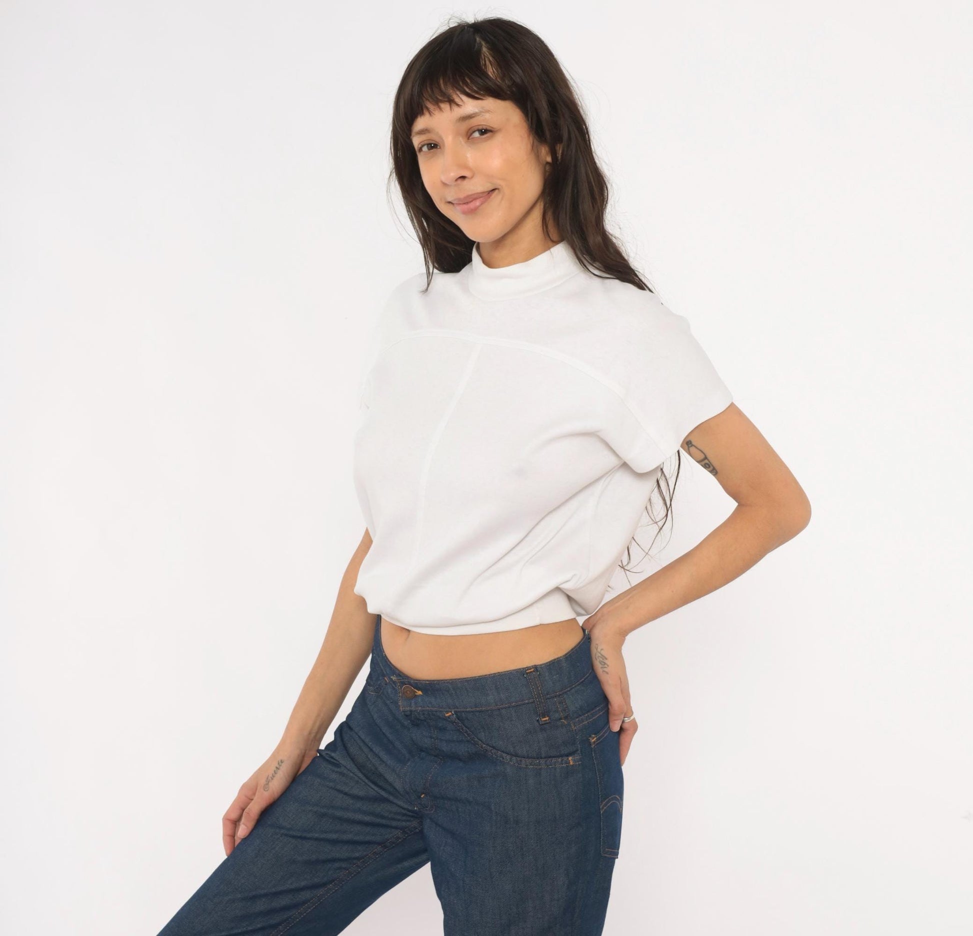 90s White Stag Mock Neck Short Sleeve Top Cream Cotton Pullover Small S