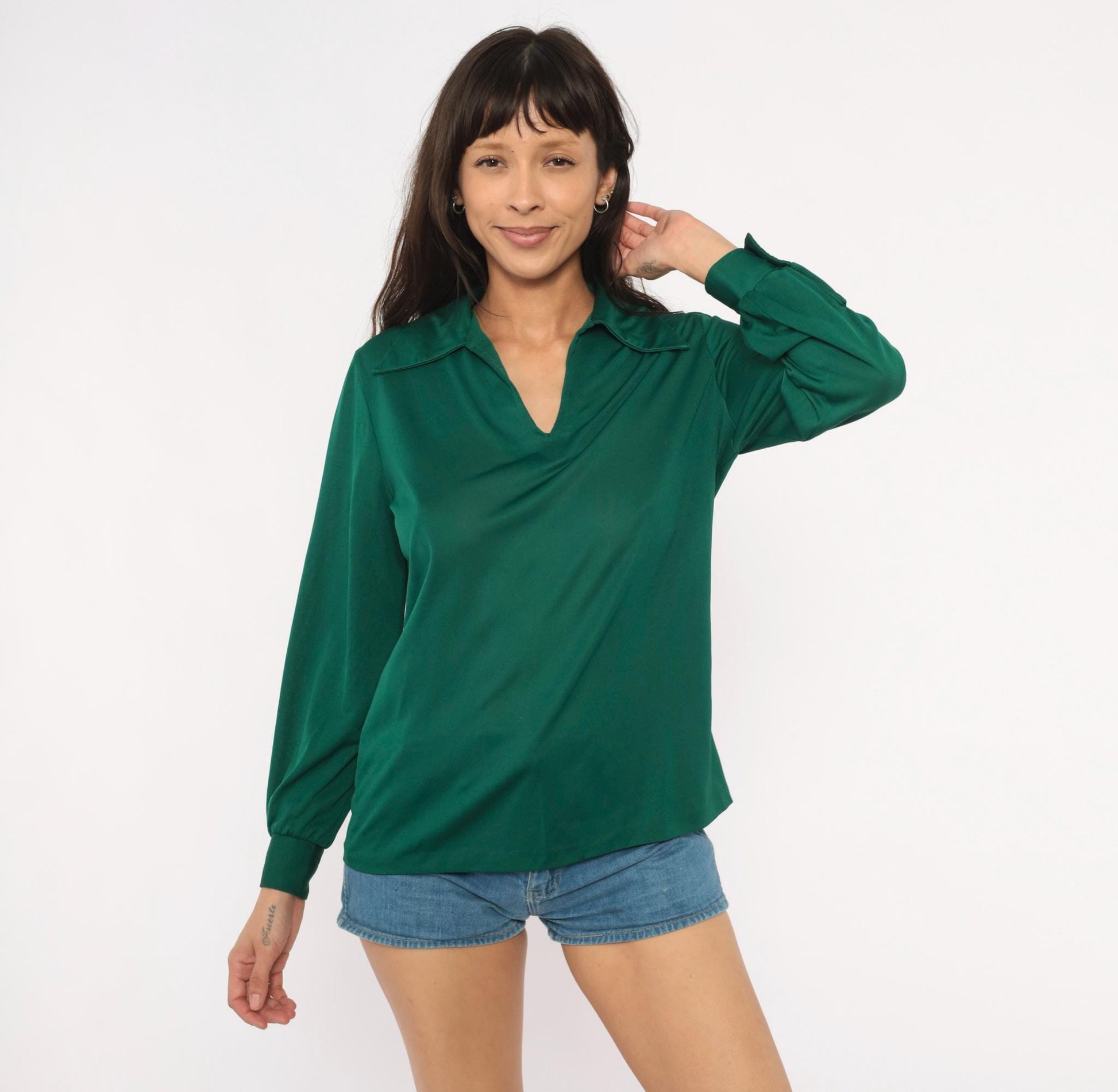 70s Sears Emerald Polo Blouse V-Neck Spread Collar Balloon Sleeve Large