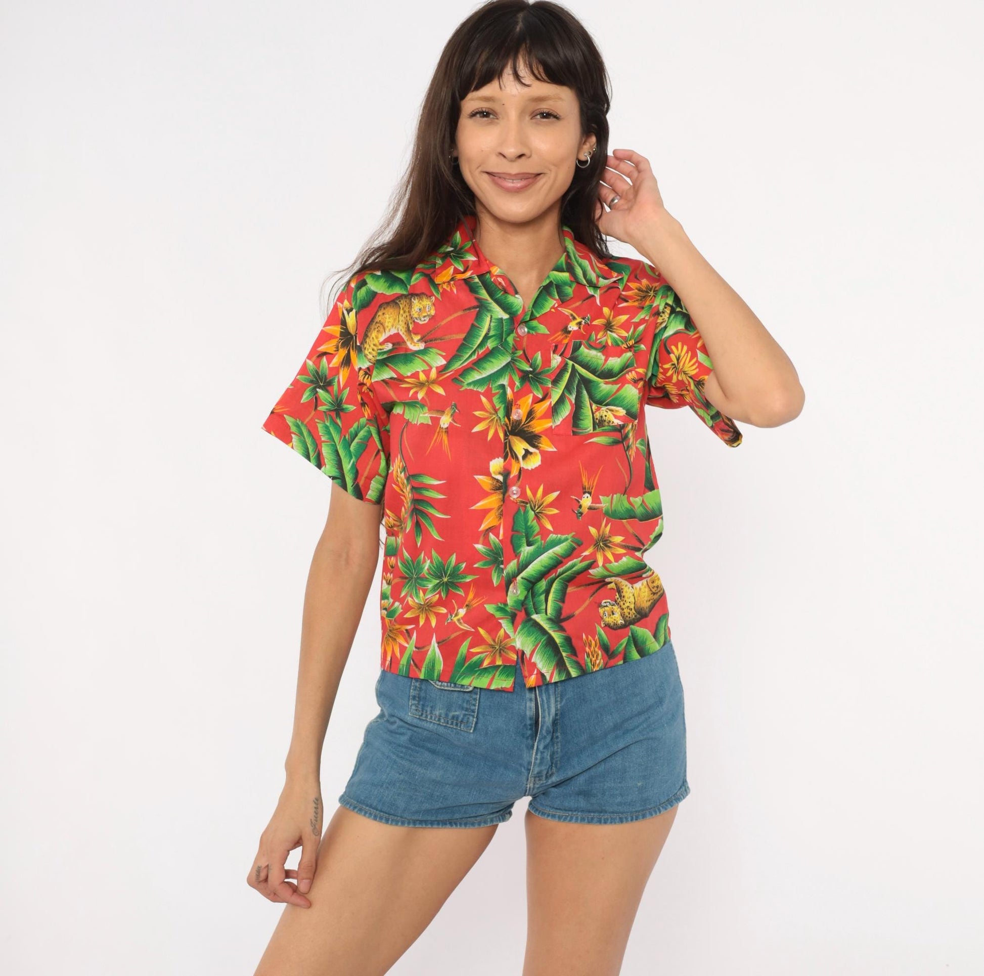 80s Jungle Leopard Hawaiian Shirt Red Tropical Cotton Rayon Camp Collar Extra Small XS