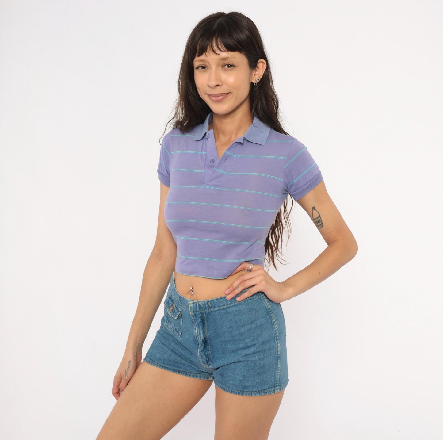 80s Compass Striped Polo Crop Top Lavender Cotton XXS