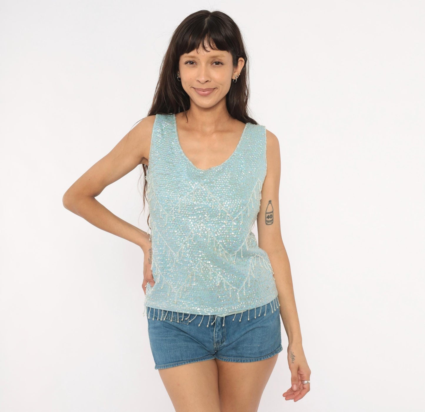 60s Baby Blue Sequin Shell Top Iridescent Beaded Fringe V Neck Tank Large