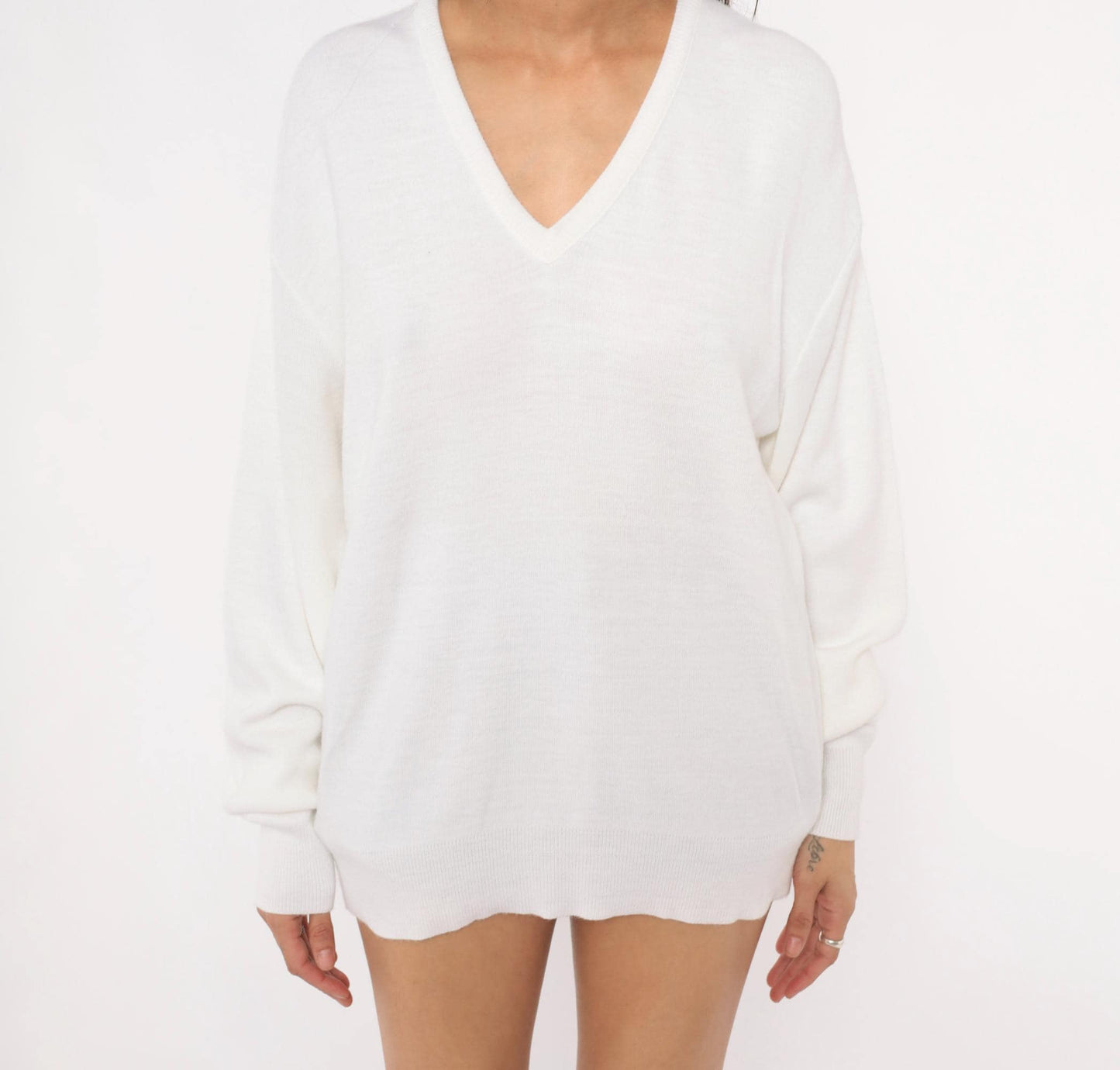 80s Jantzen V-Neck Pullover Sweater Ivory Knit Dropped Shoulder Extra Large
