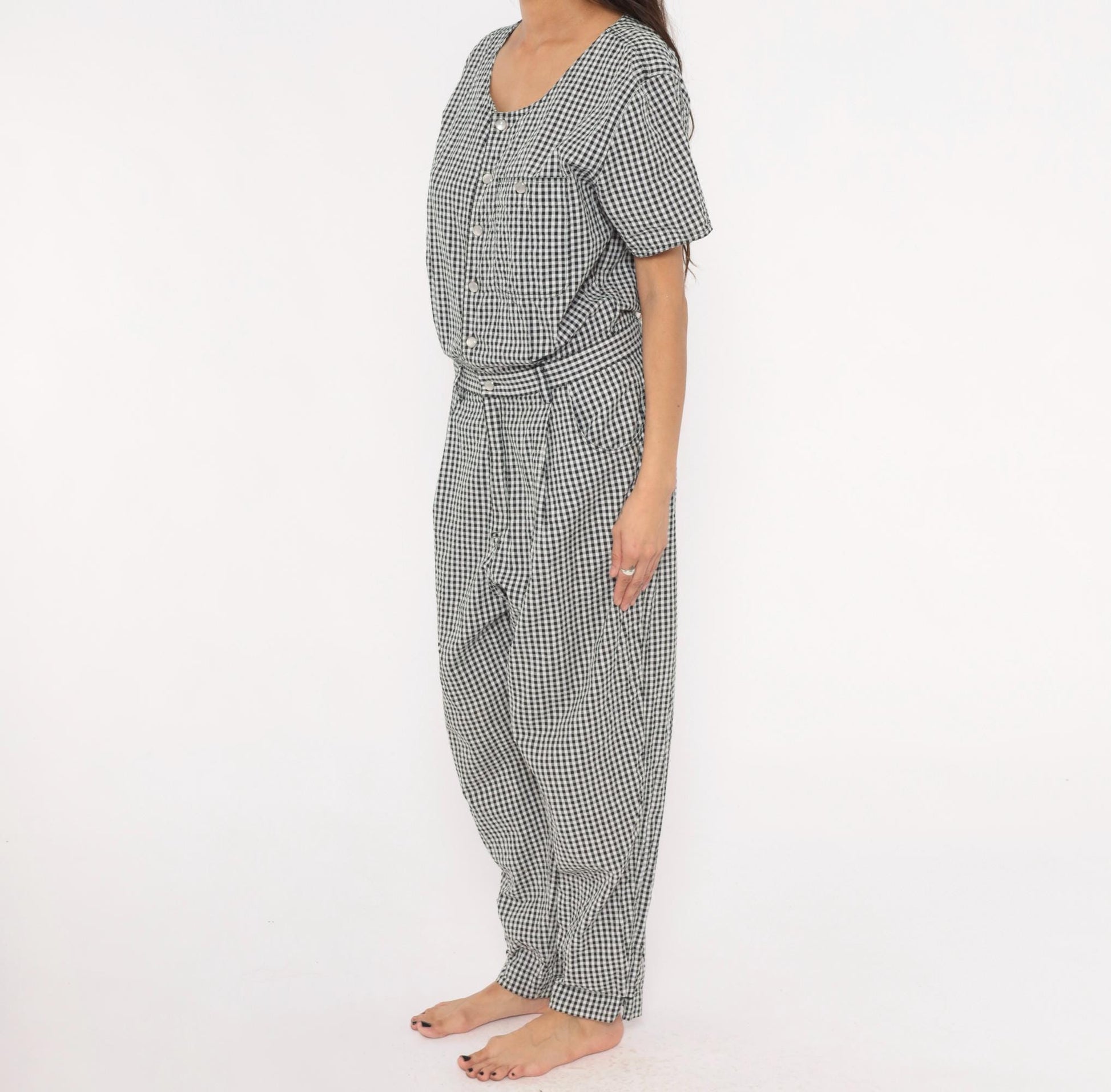90s Lizwear Black White Gingham Cotton Jumpsuit Tapered Leg Large L