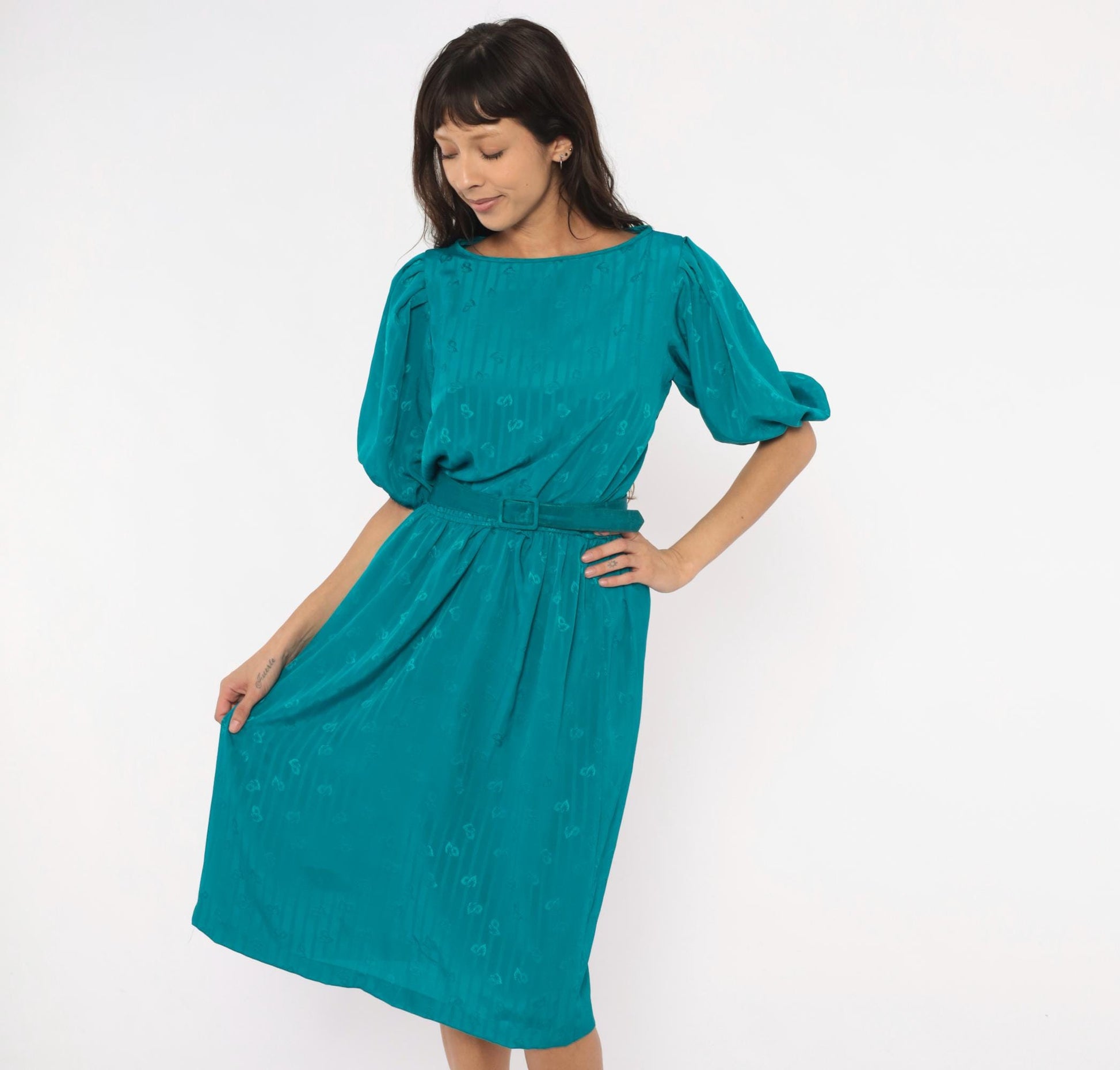 80s Liz Roberts Teal Jacquard Dress Puff Sleeve Boat Neck Knee-Length Medium