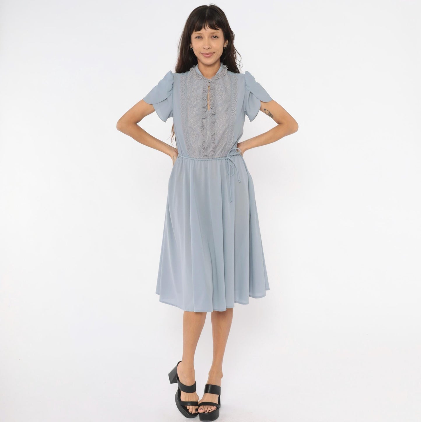 70s Powder Blue Lace Bib Midi Dress Puff Sleeve Keyhole Neckline Medium