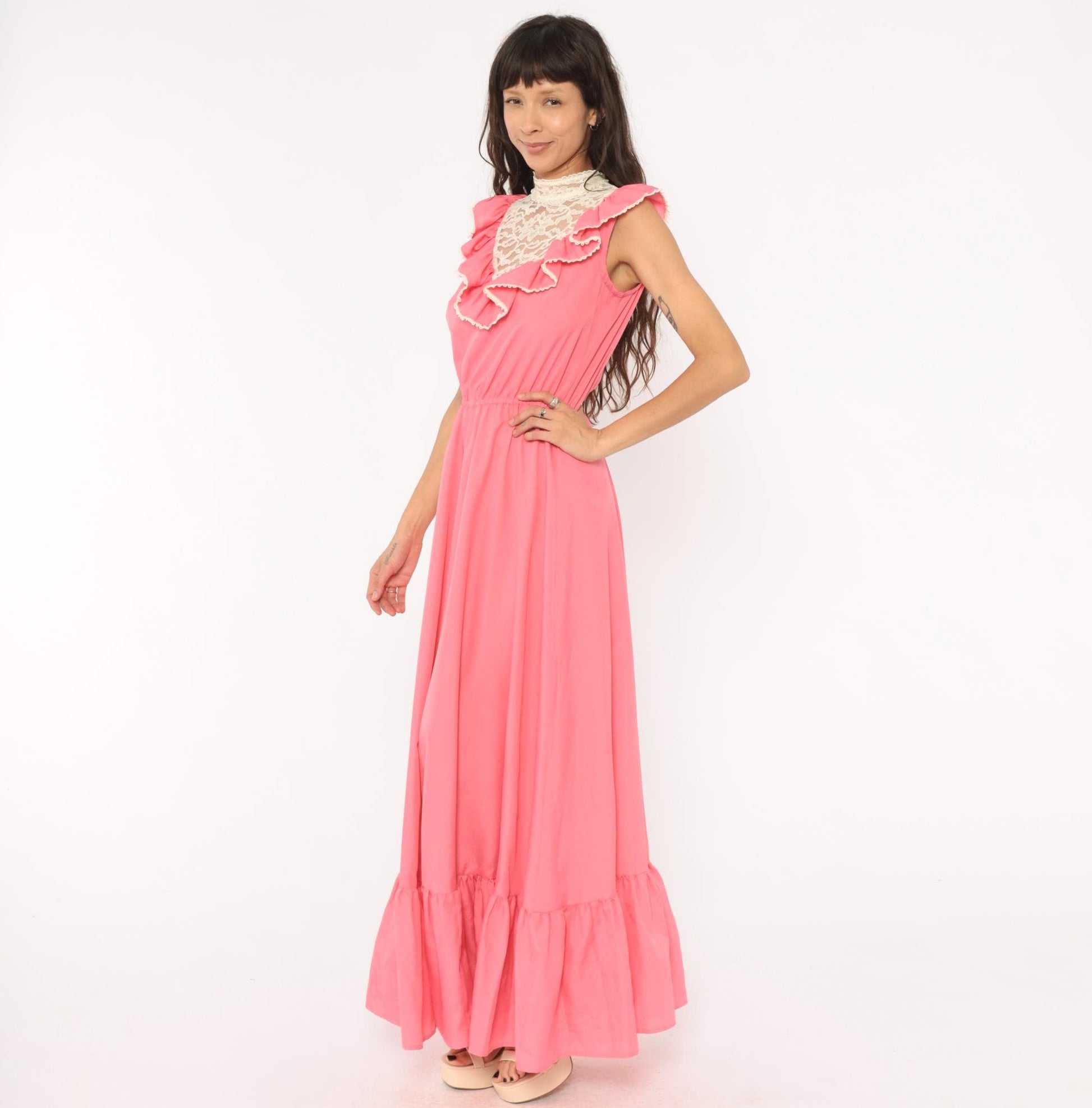 70s Pink Lace Bib Maxi Dress Ruffle Trim High Neck Floral Panel Medium