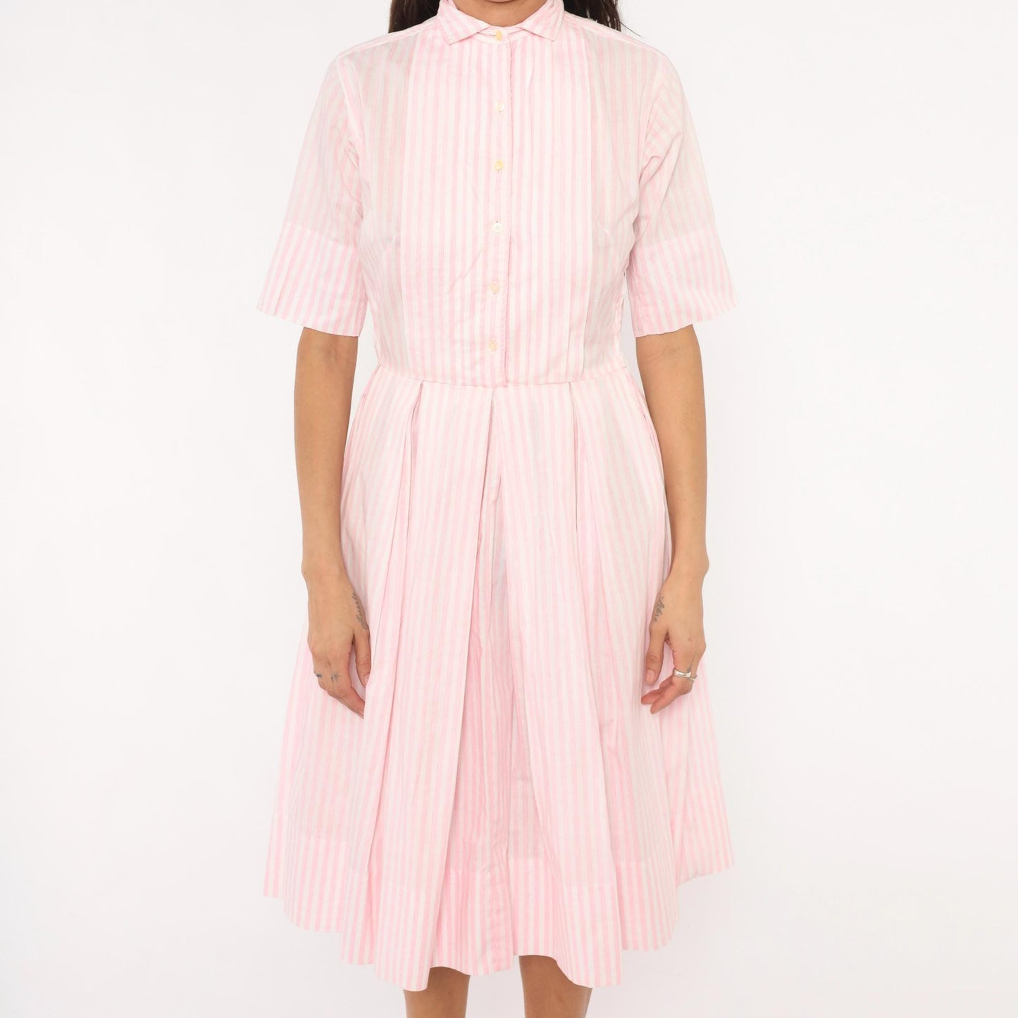 60s Pink White Striped Shirtdress Pleated Knee-Length Cotton Small