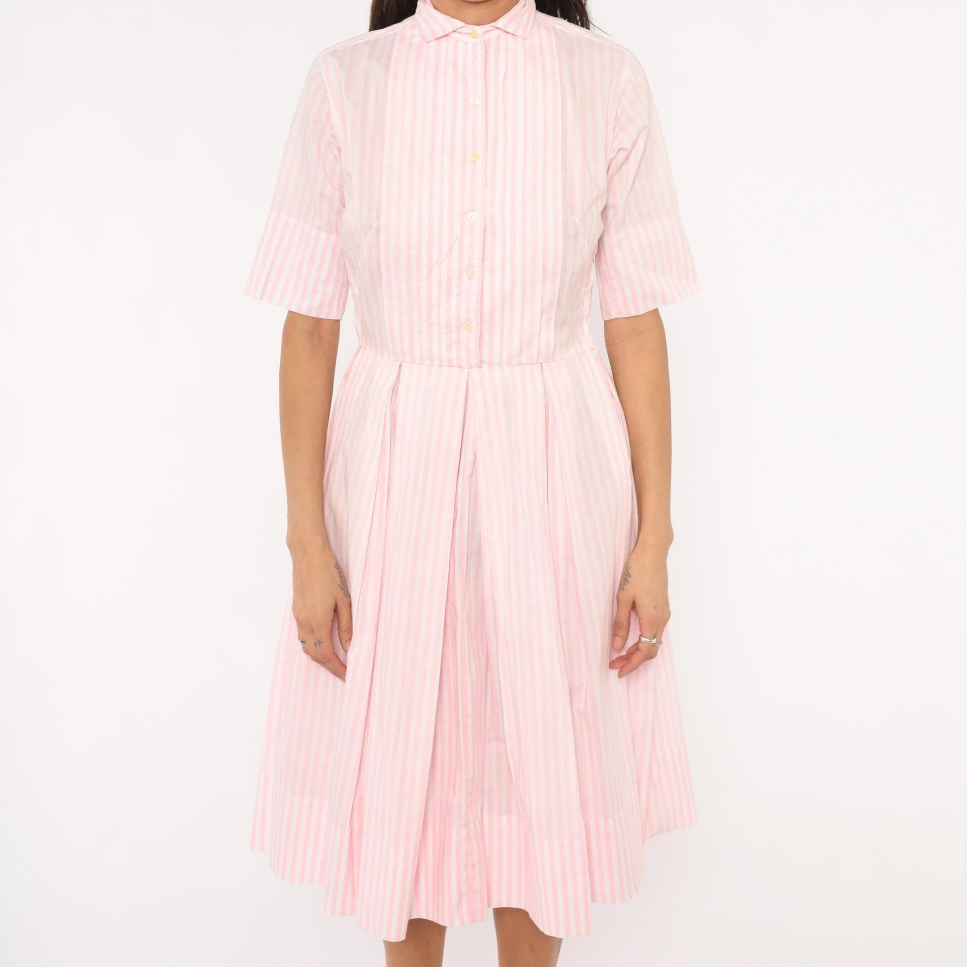 60s Pink White Striped Shirtdress Pleated Knee-Length Cotton Small