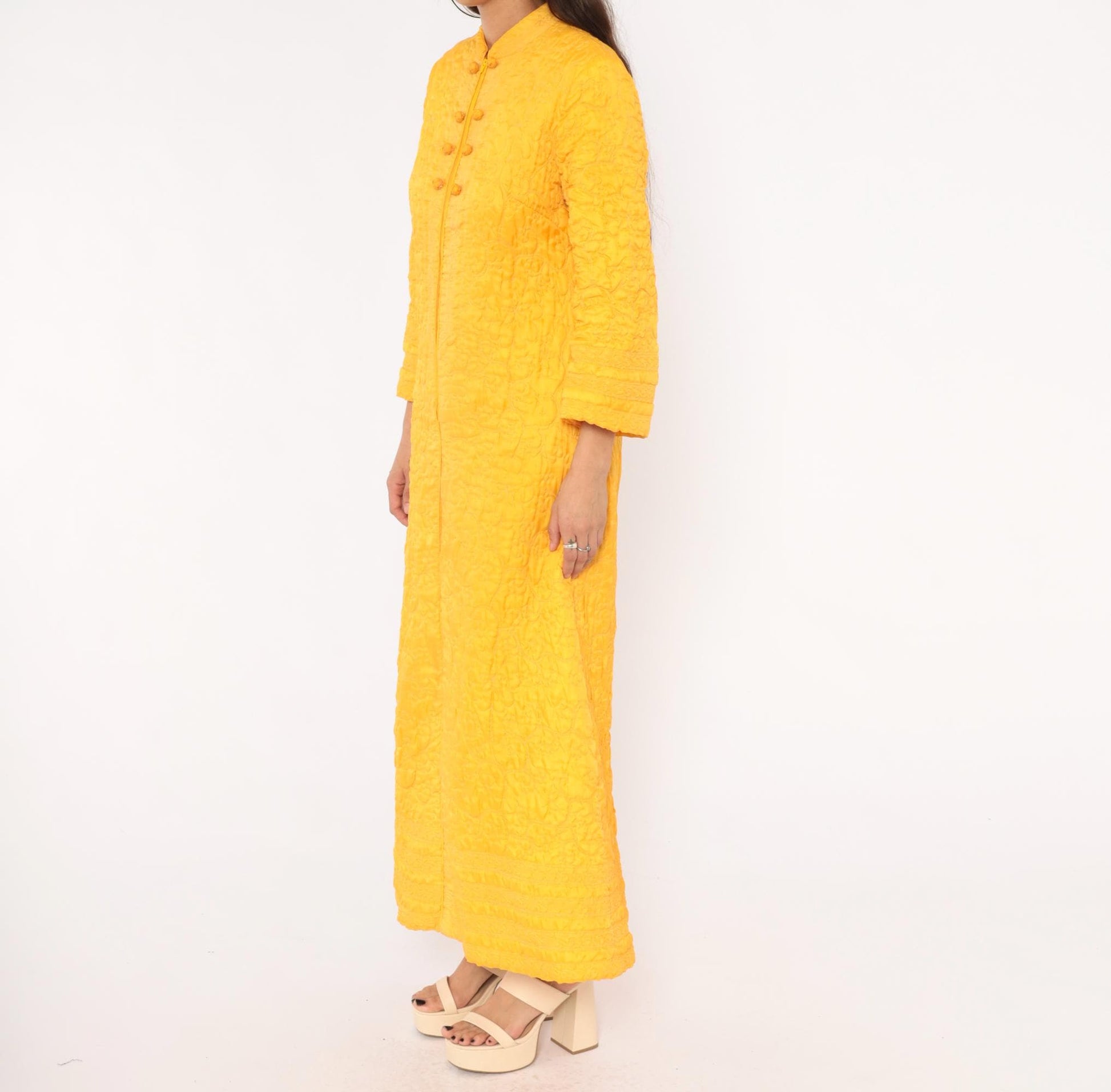 70s Golden Yellow Quilted Maxi Robe Mandarin Collar Floral Embroidered Medium