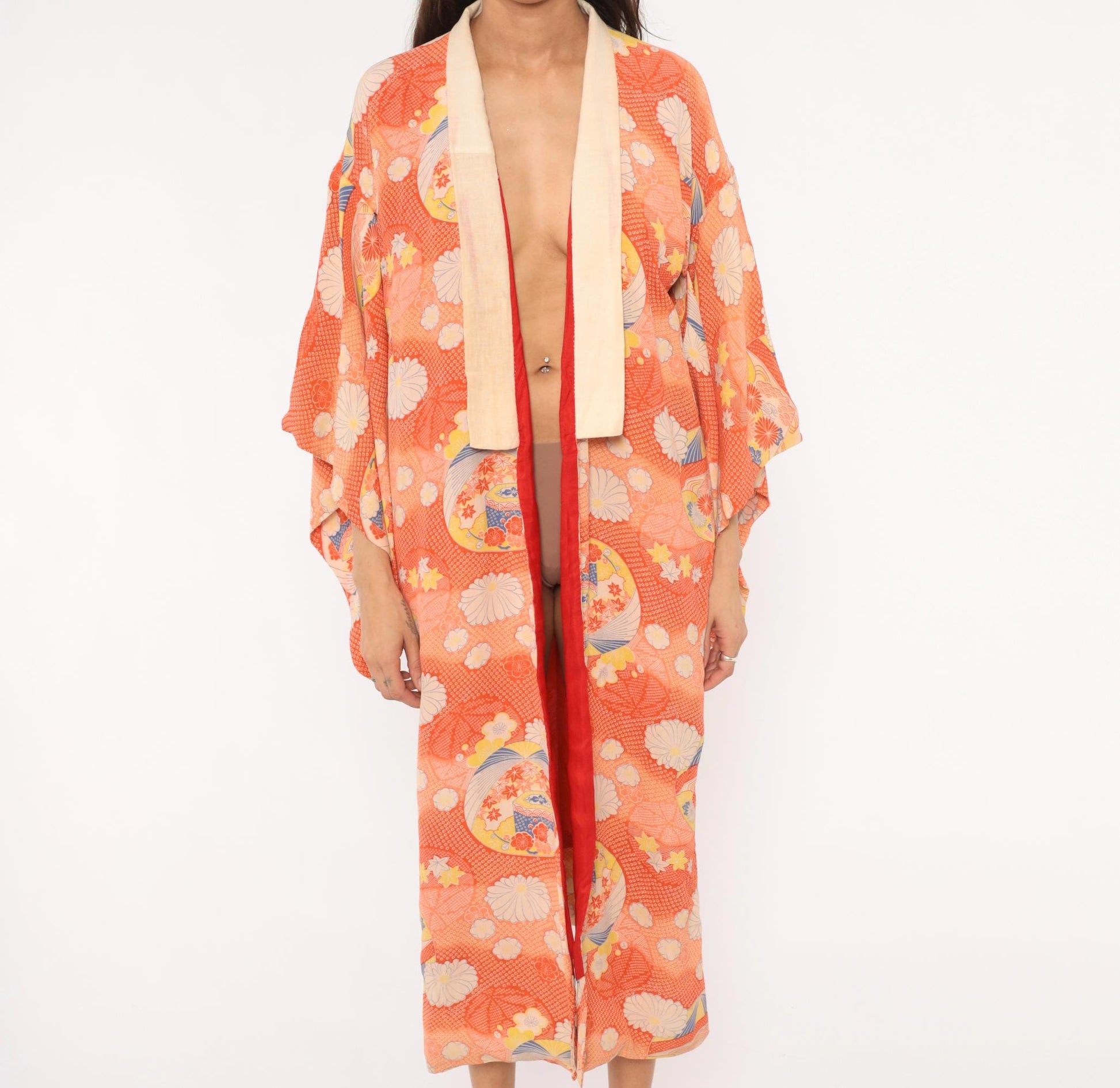 70s Japanese Silk Kimono Robe Orange Floral Chrysanthemum Midi Medium M