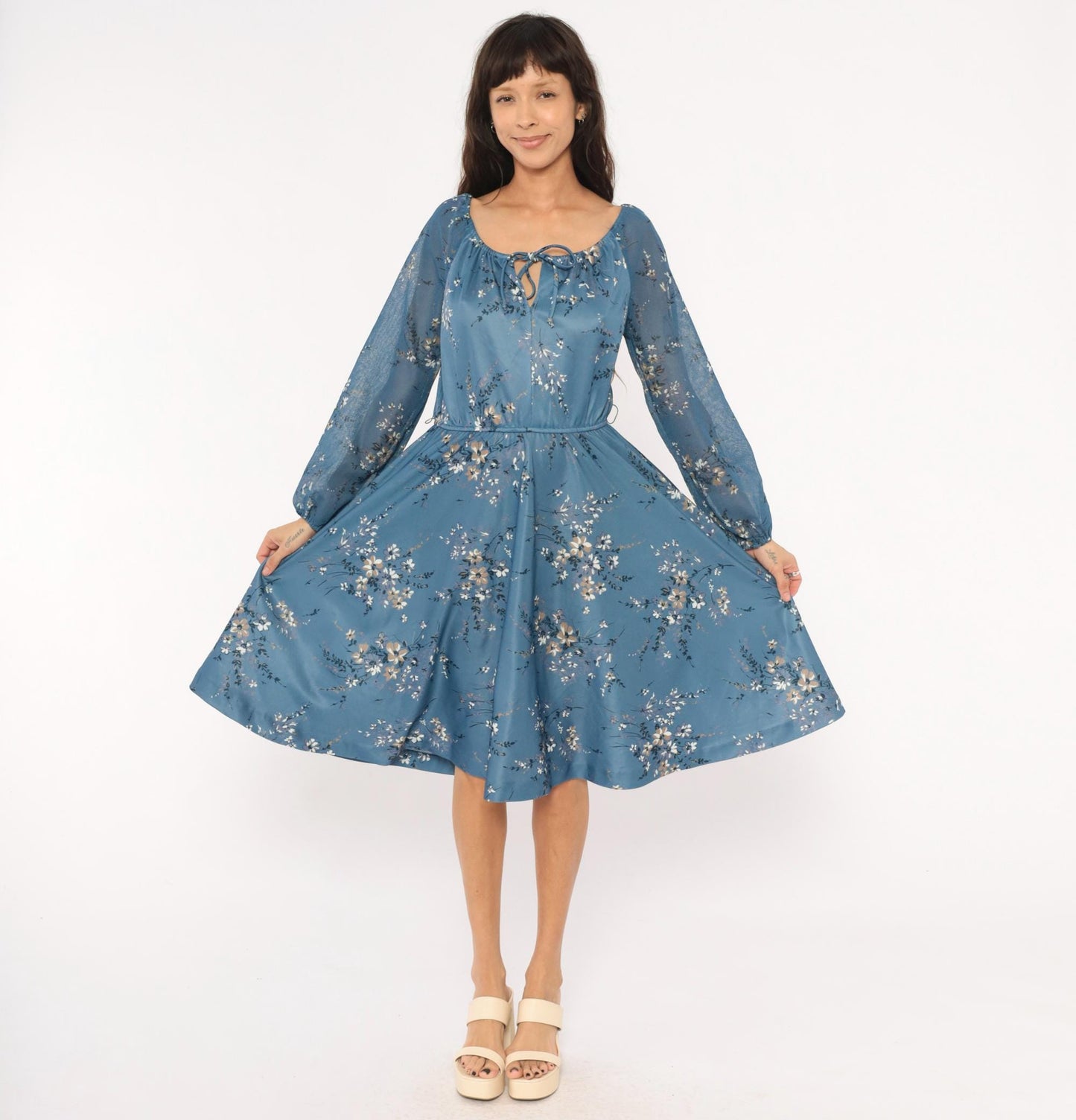 70s Steel Blue Wildflower Peasant Dress Bishop Sleeve Tie Front Knee Length Large L