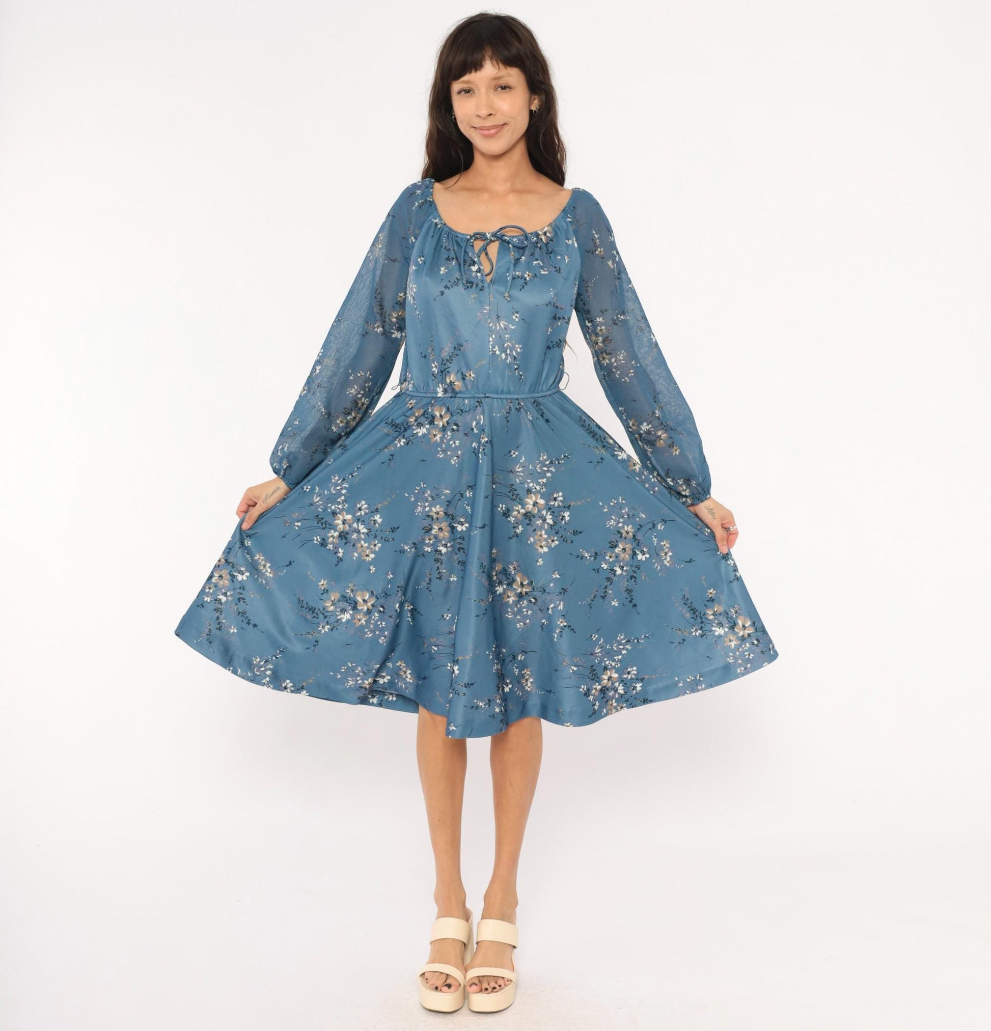 70s Steel Blue Wildflower Peasant Dress Bishop Sleeve Tie Front Knee Length Large L