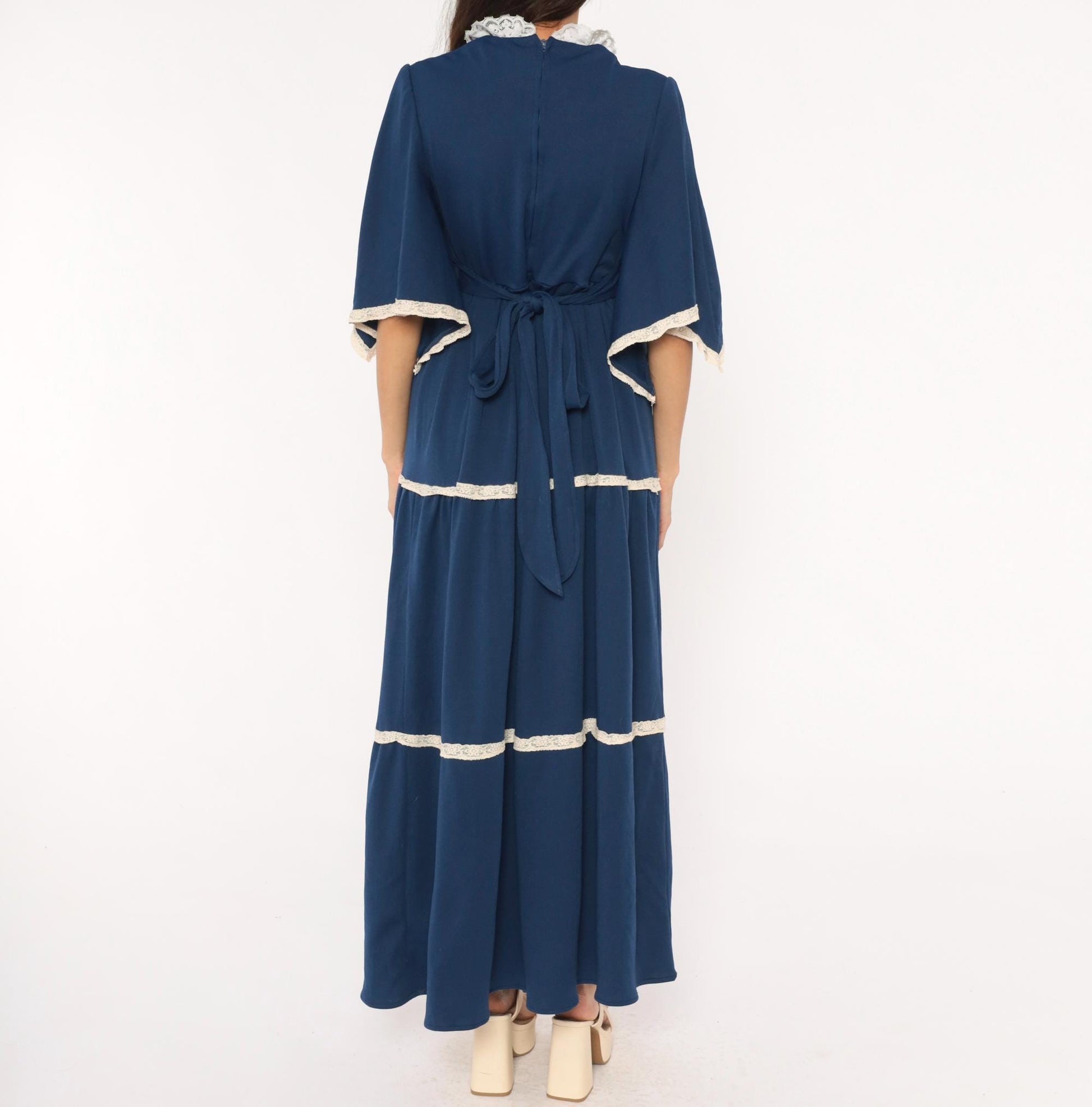 70s Navy Maxi Dress White Lace Trim Bell Sleeve Empire Waist Tiered Skirt Medium