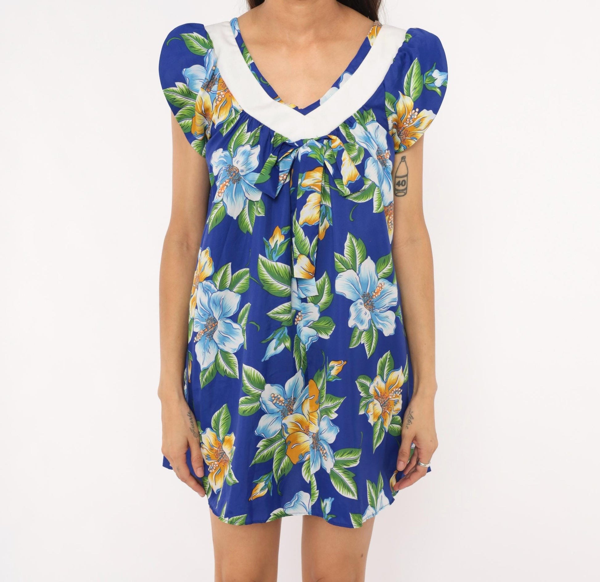 80s Hilo Hatties Hawaiian Floral Mini Dress Cobalt Blue Hibiscus Small S