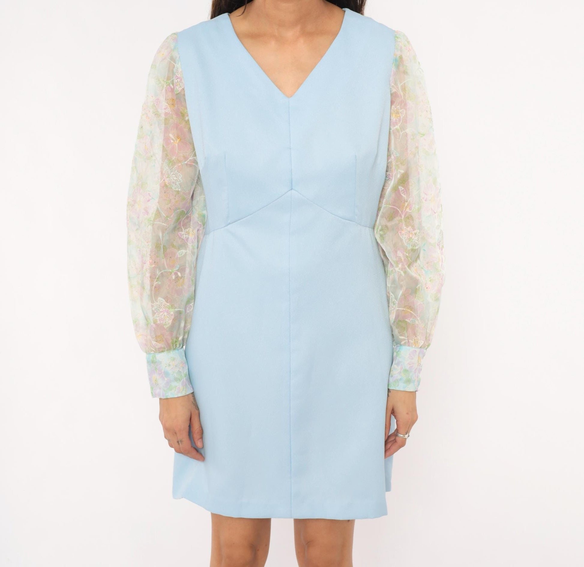70s Sky Blue Mini Dress Sheer Floral Organza Bishop Sleeves Medium M