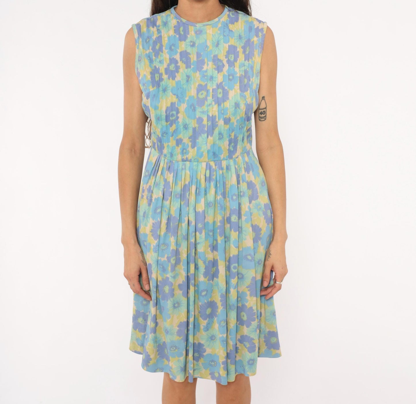 60s Carol Brent Floral Pleated Dress Blue Violet Yellow Knee-Length Medium M
