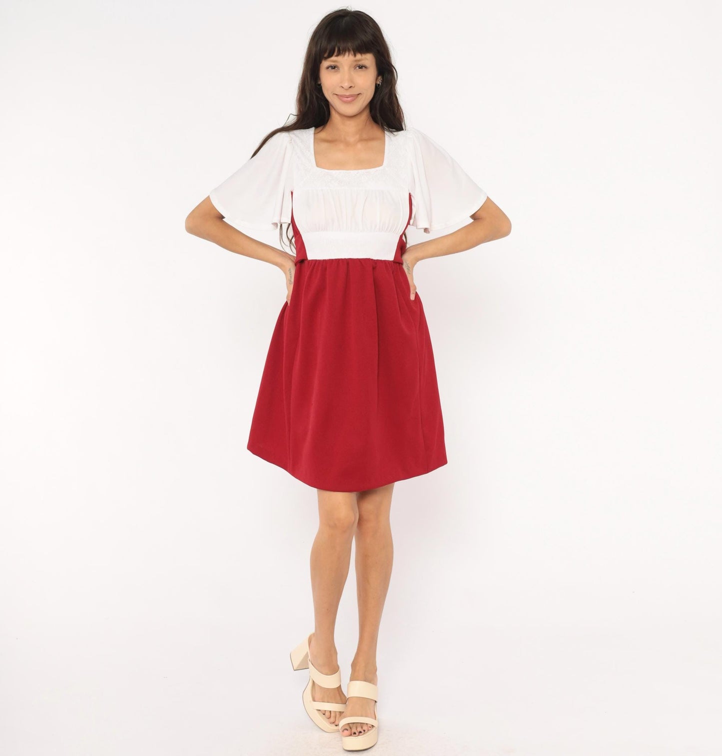 70s Burgundy Wine Mini Dress Ivory Bodice Puff Sleeve Square Neck Empire Waist Small