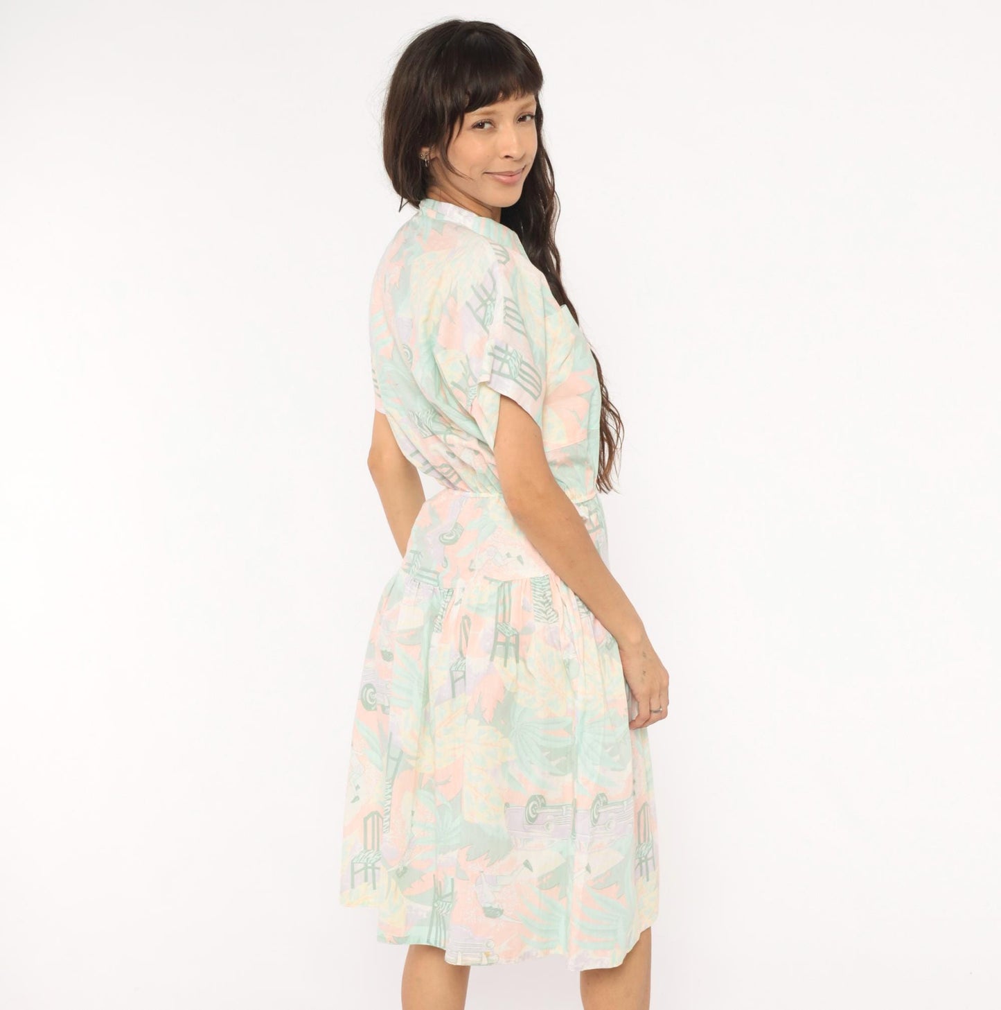 80s 3 Star Novelty Print Shirt Dress Pink Teal Knee-Length Small