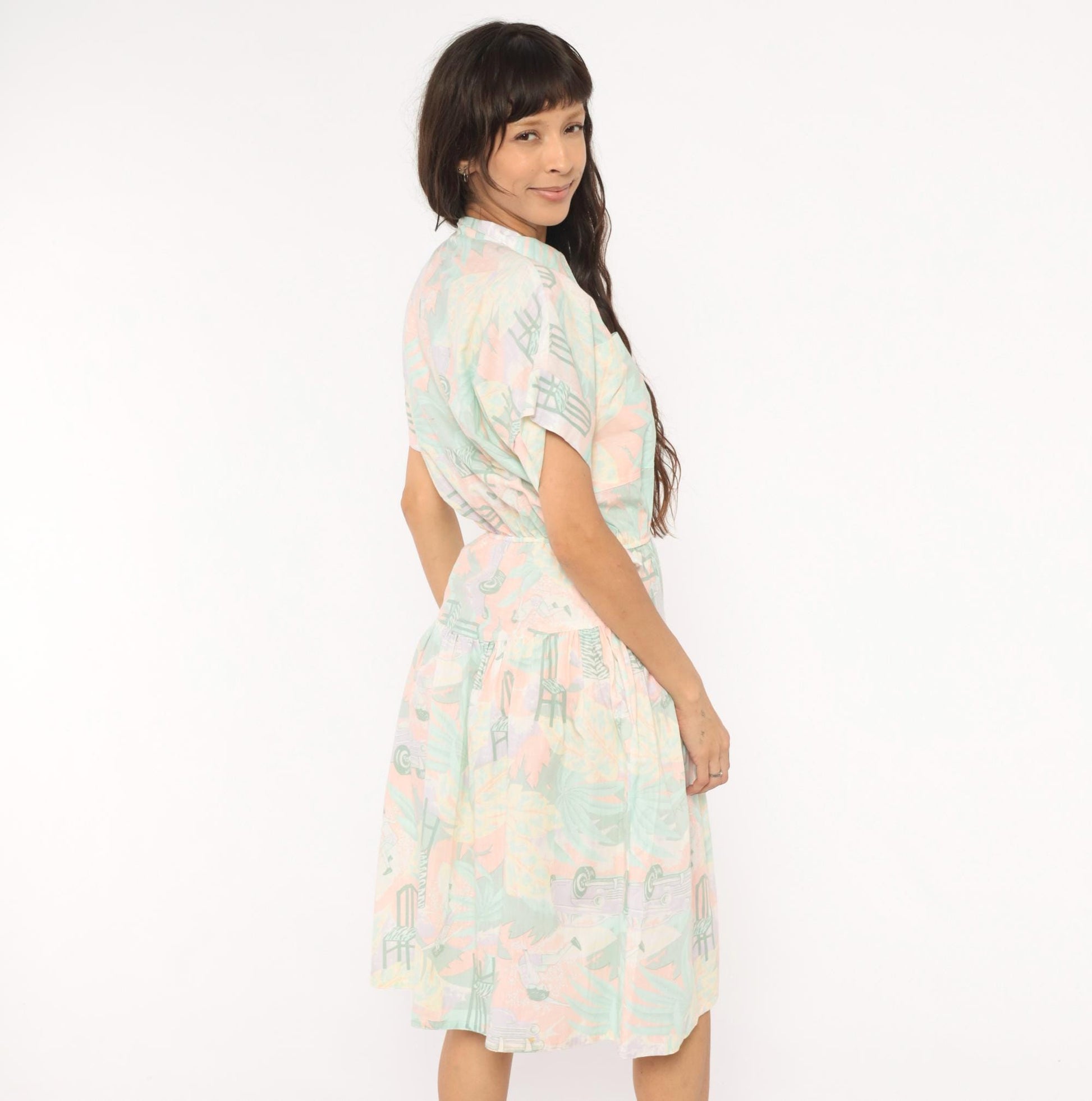80s 3 Star Novelty Print Shirt Dress Pink Teal Knee-Length Small