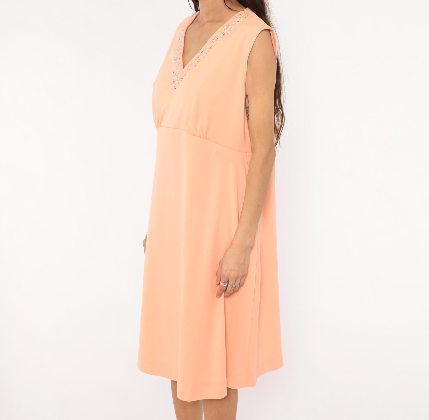 1970s Peach Beaded Empire Waist Dress Sequin V-Neck Knee-Length Extra Large XXL