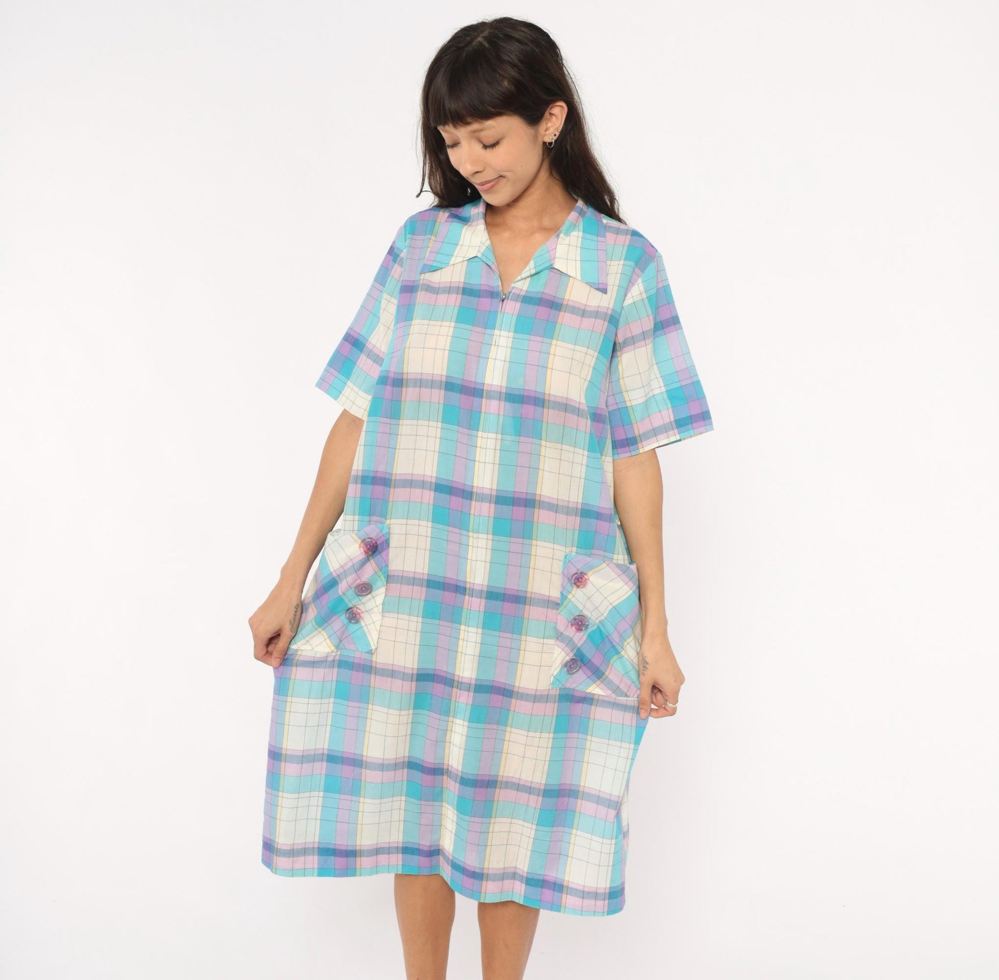 70s Pastel Plaid Zip-Front Housecoat Shift Dress Aqua Purple Knee Length Extra Large