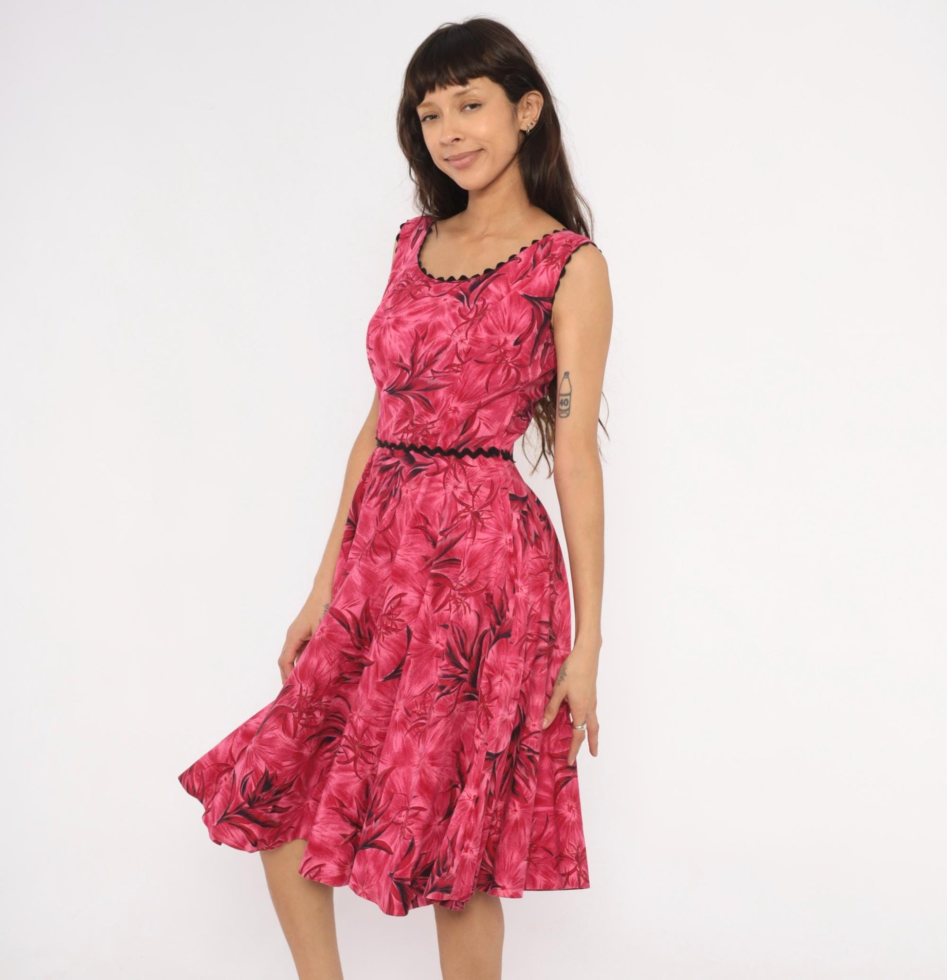 60s Tropical Floral A-Line Dress Pink Black Ric Rac Cotton Small