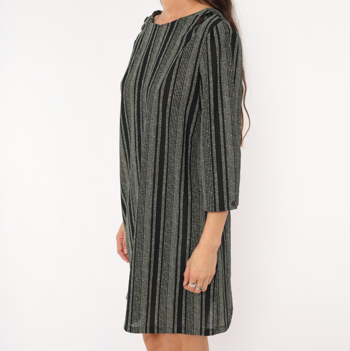 70s Zoey T Black White Striped Shift Dress Boat Neck Button Back Large
