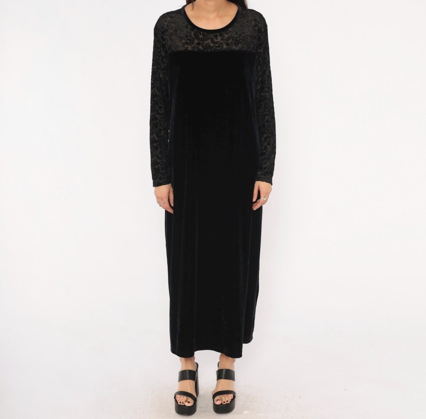 90s Jacqueline Ferrar Black Velvet Maxi Dress Lace Sleeve Gothic Gown Extra Extra Large XXL
