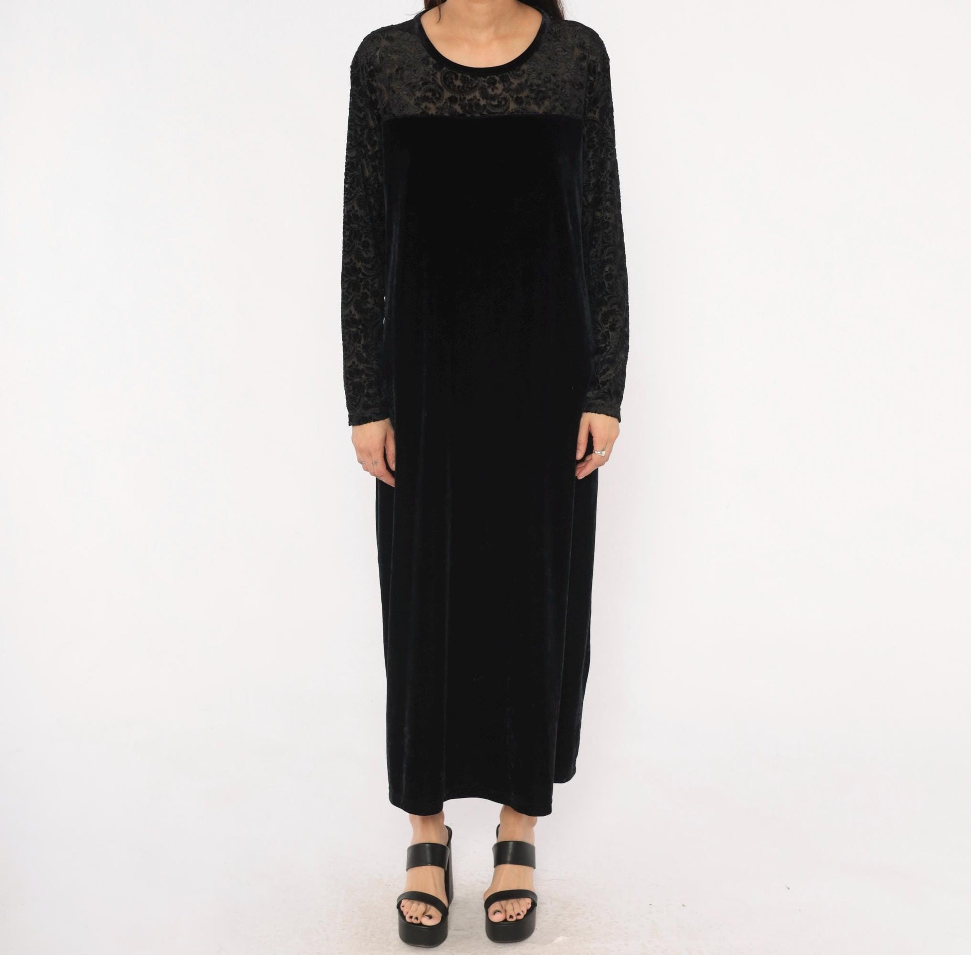 90s Jacqueline Ferrar Black Velvet Maxi Dress Lace Sleeve Gothic Gown Extra Extra Large XXL