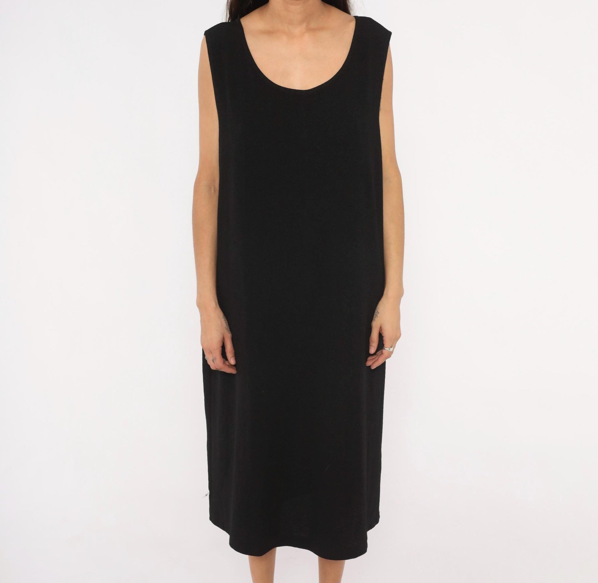 90s Dana Kay Black Sleeveless Midi Dress Scoop Neck Column Extra Large