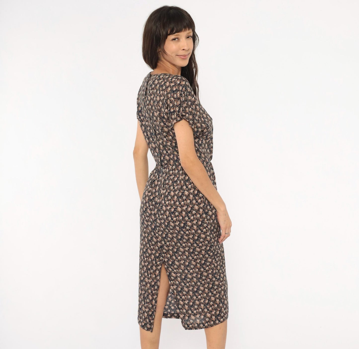 90s E.D. Michaels Navy Ditsy Floral Midi Dress Crochet Collar Small