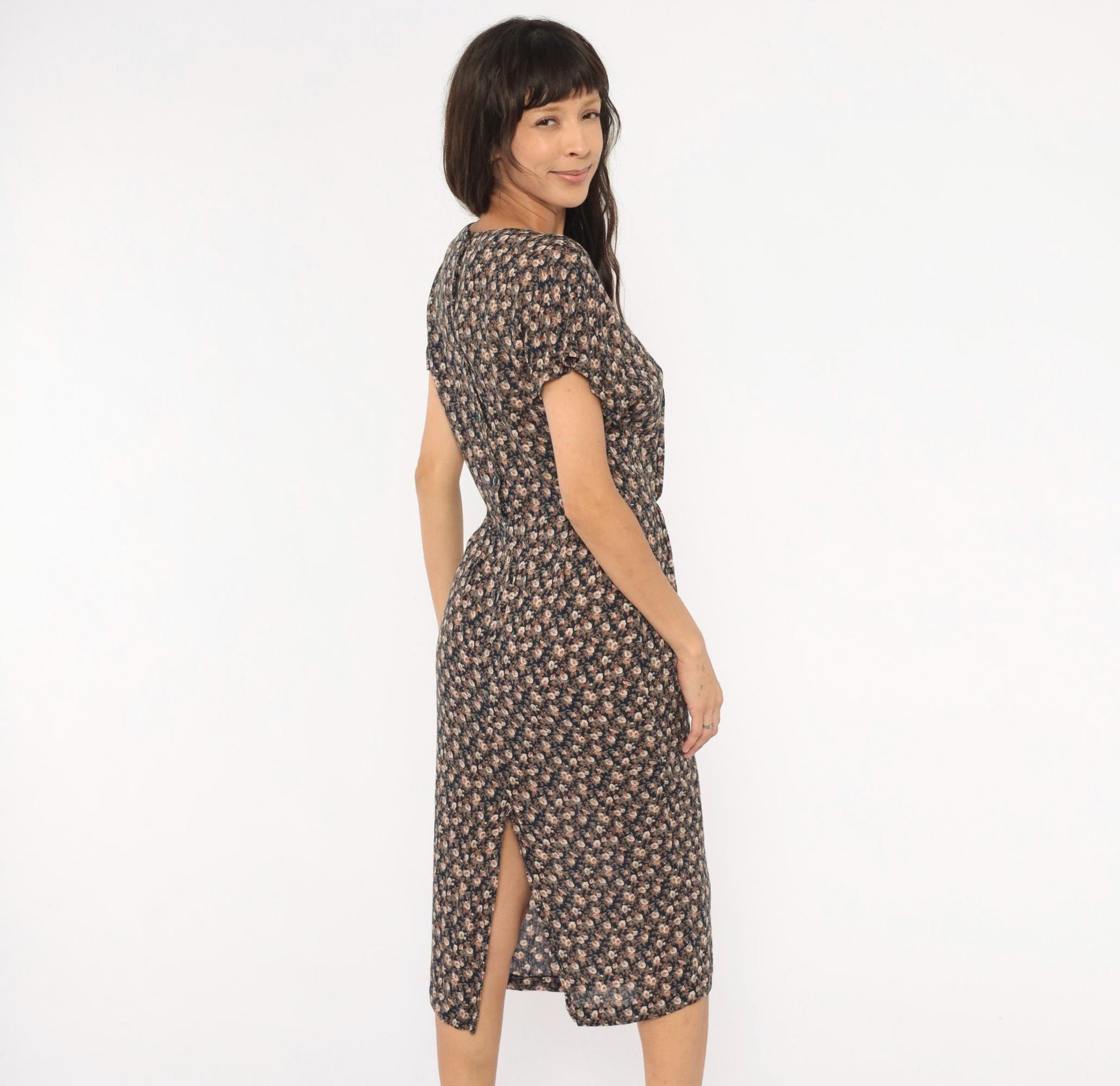 90s E.D. Michaels Navy Ditsy Floral Midi Dress Crochet Collar Small