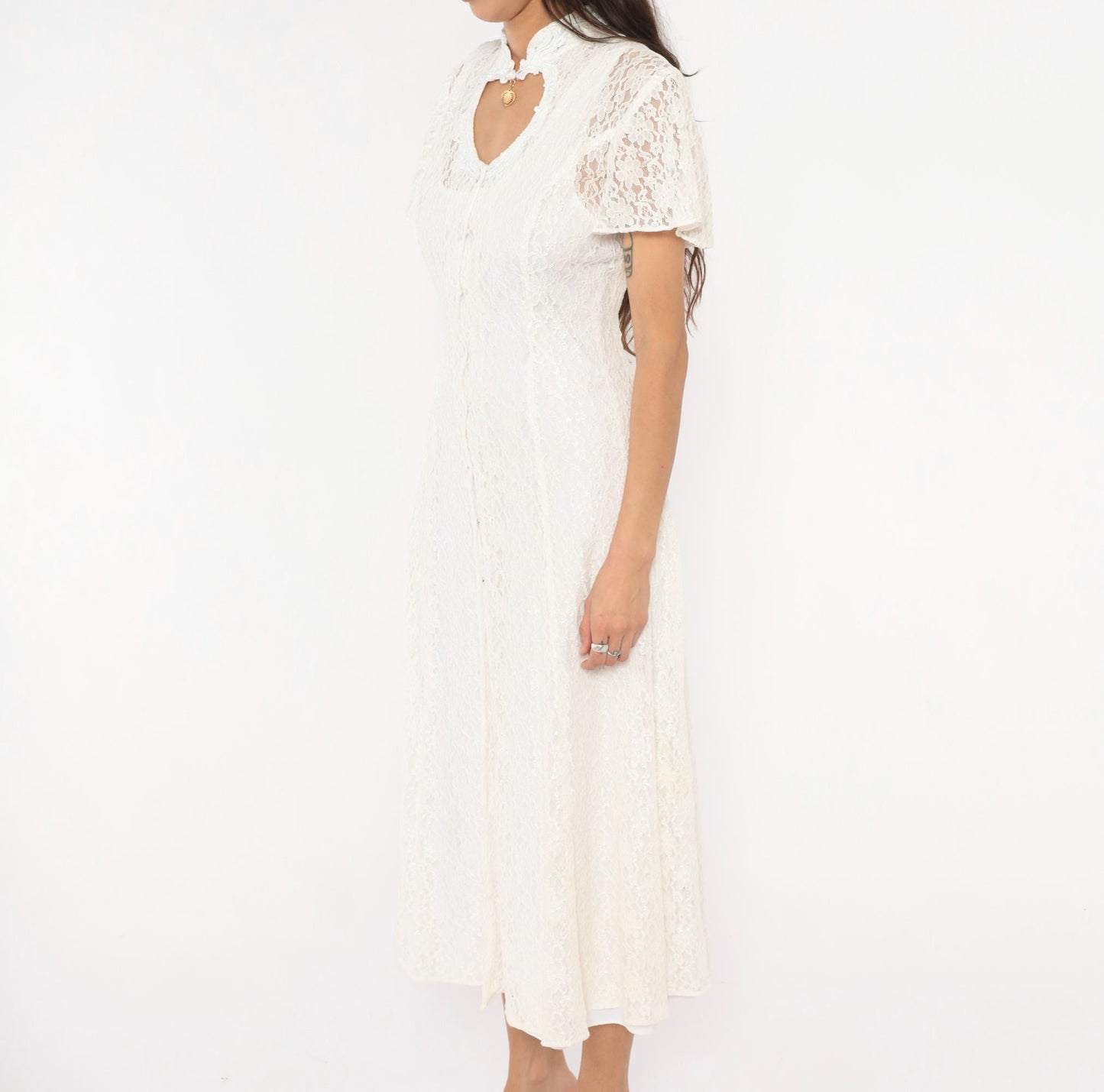 90s Jody White Lace Midi Dress Heart Cutout Mandarin Collar Small