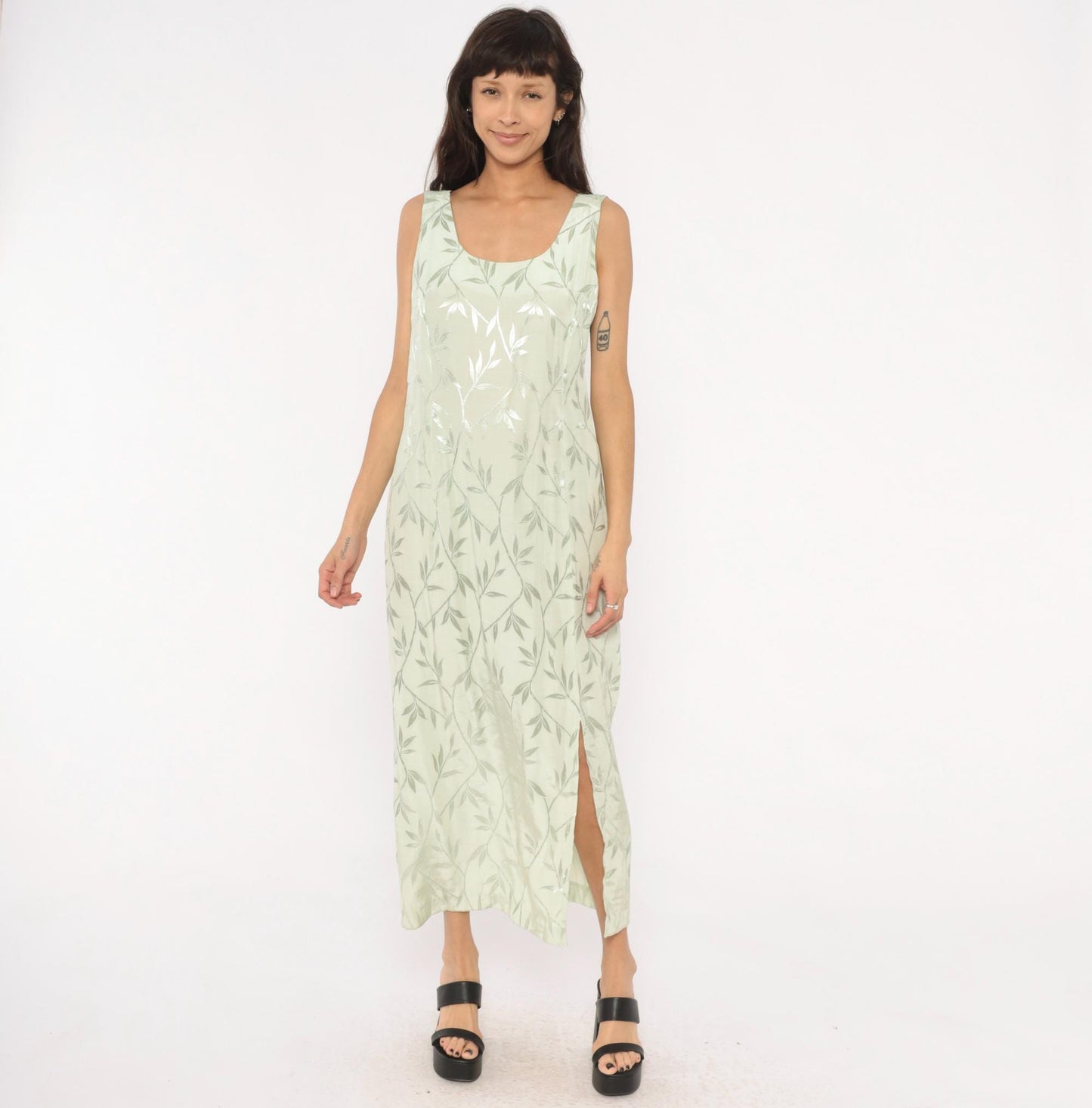 90s Sage Green Leaf Print Maxi Dress Sleeveless Scoop Neck Column Slit Ankle Large L