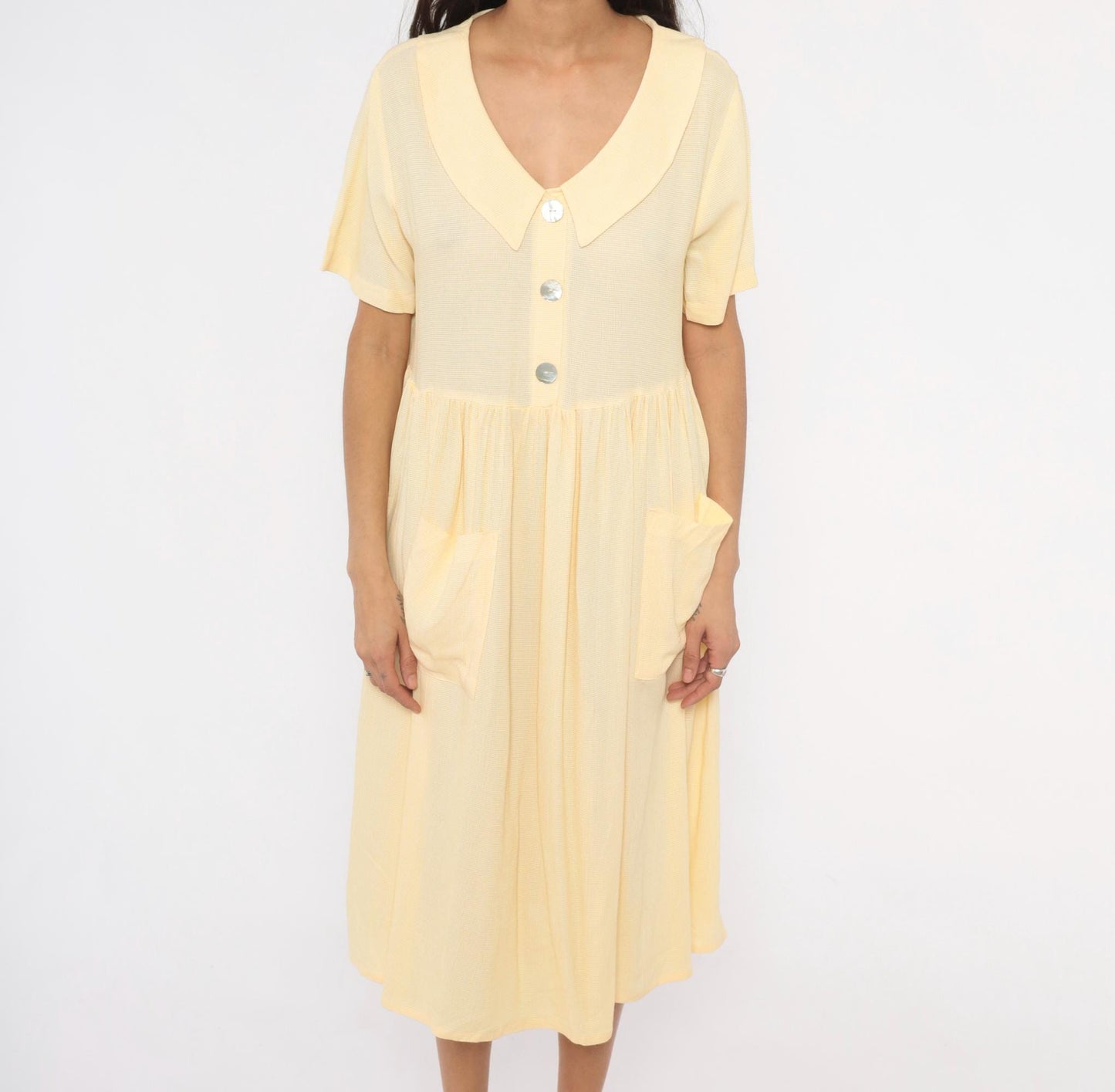 90s Dressing Clio Yellow Gingham Midi Dress Peter Pan Collar Petite Medium