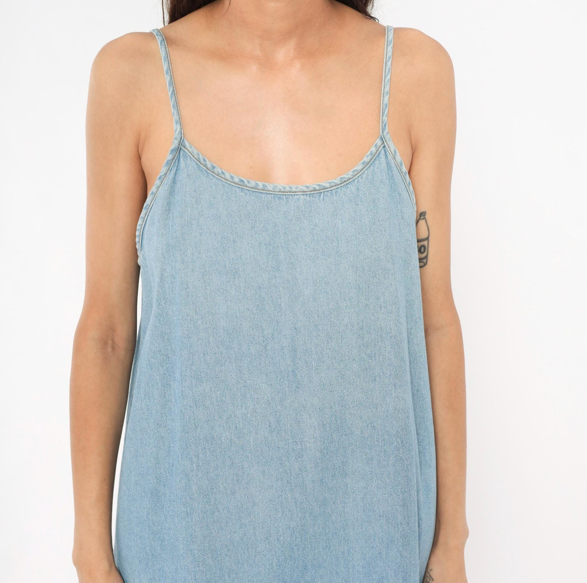 90s Kathie Lee Light Wash Denim Maxi Slip Dress Spaghetti Strap Medium