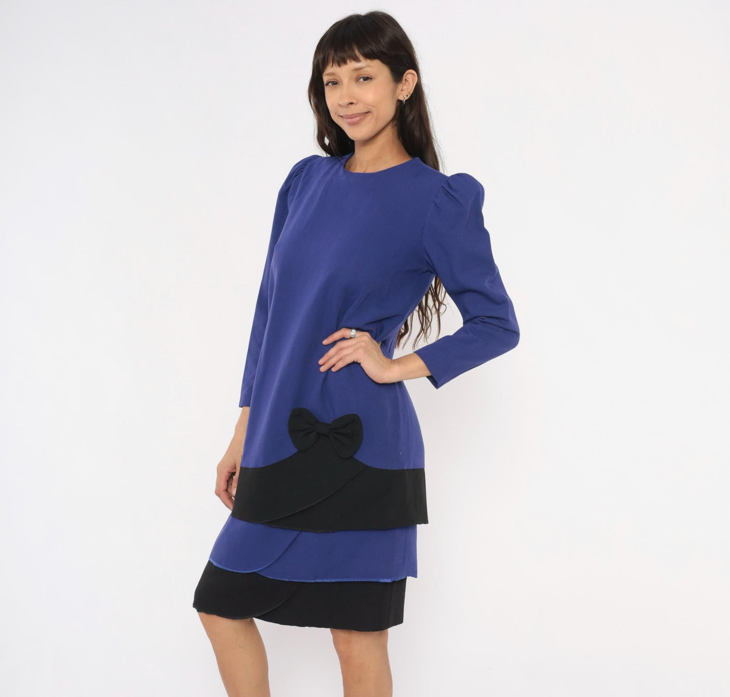90s A Pea In The Pod Puff Sleeve Dress Purple Black Bow Knee Length Medium