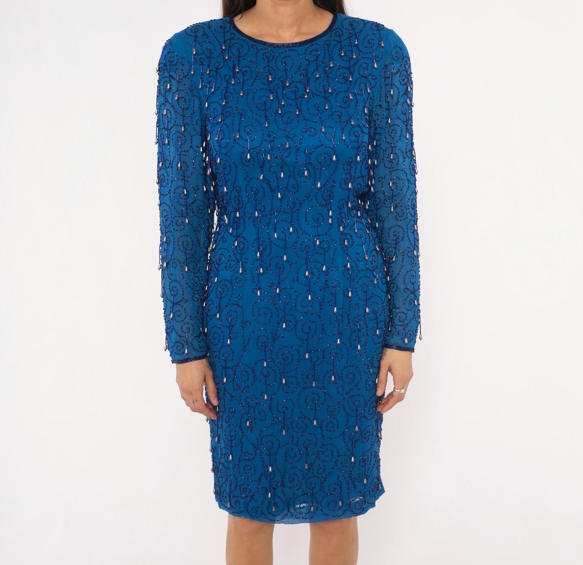 90s Cobalt Blue Beaded Knee-Length Dress Open Back Long Sleeve Large L