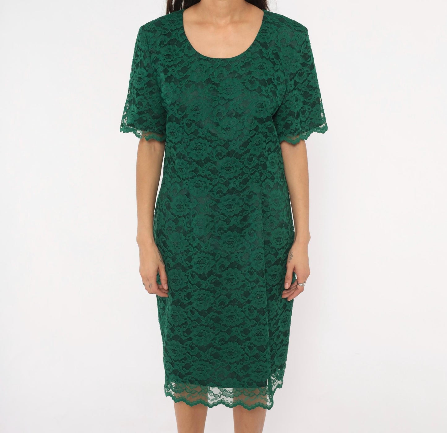 90s My Michelle Emerald Lace Dress Scalloped Hem Short Sleeve Knee-Length Extra Large