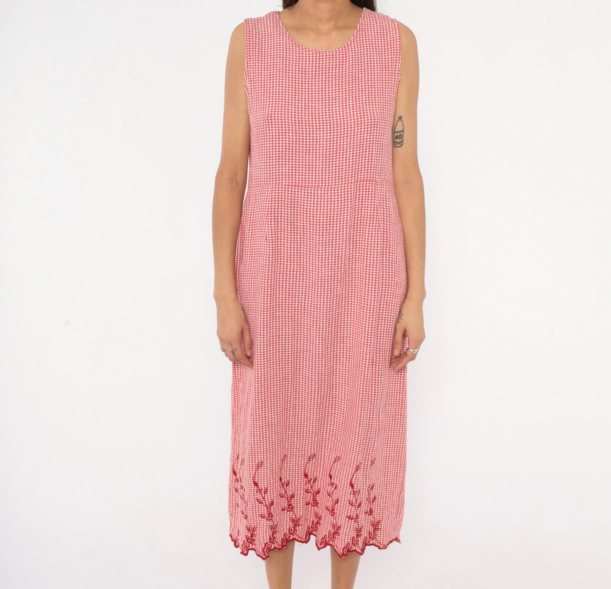 80s Country Wear Gingham Midi Dress Red White Embroidered Scalloped Petite Large