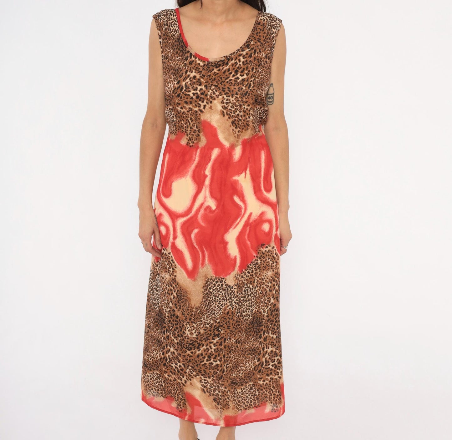 90s Leopard Flame Print Maxi Dress Sleeveless Scoop Neck Chiffon Tie Back XXL