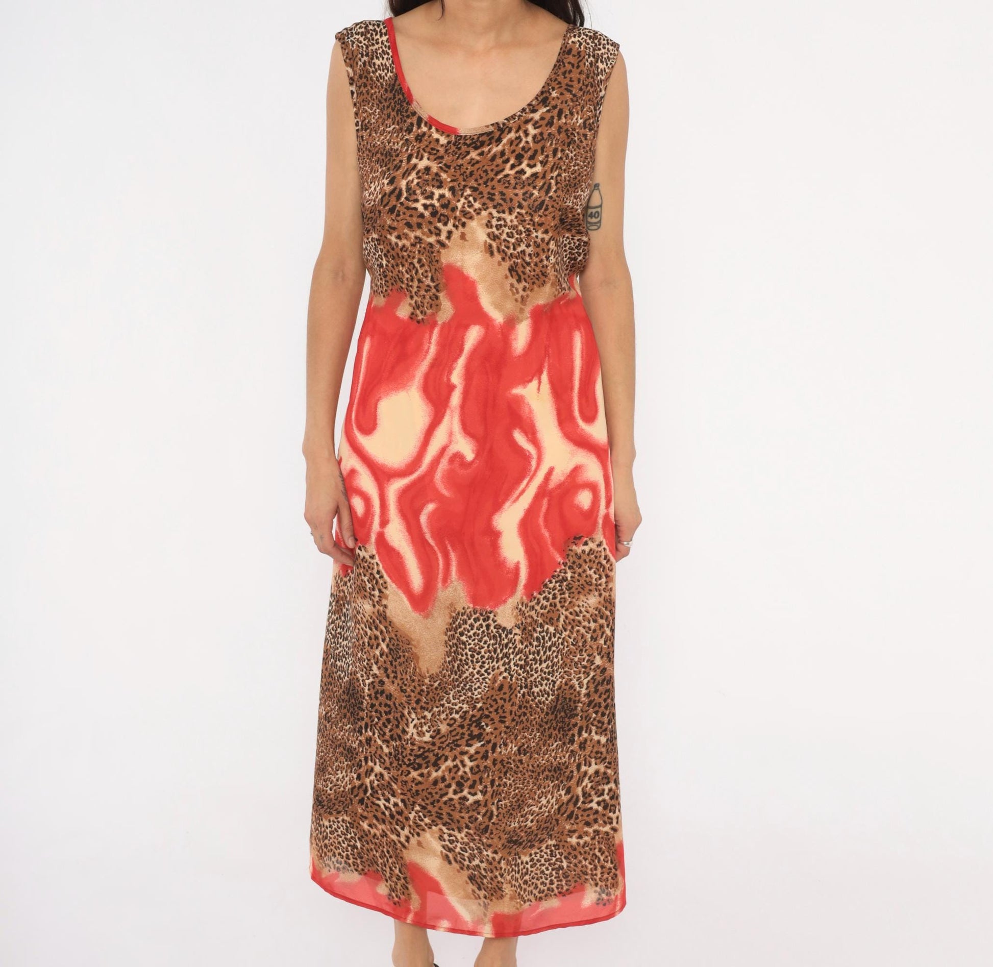 90s Leopard Flame Print Maxi Dress Sleeveless Scoop Neck Chiffon Tie Back XXL