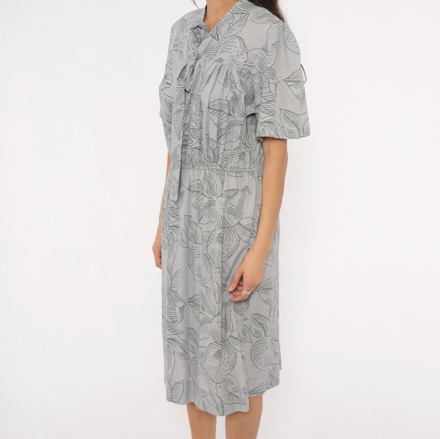 80s Botanical Leaf Print Grey Cotton Tie Neck Dress Puff Sleeve Small Medium