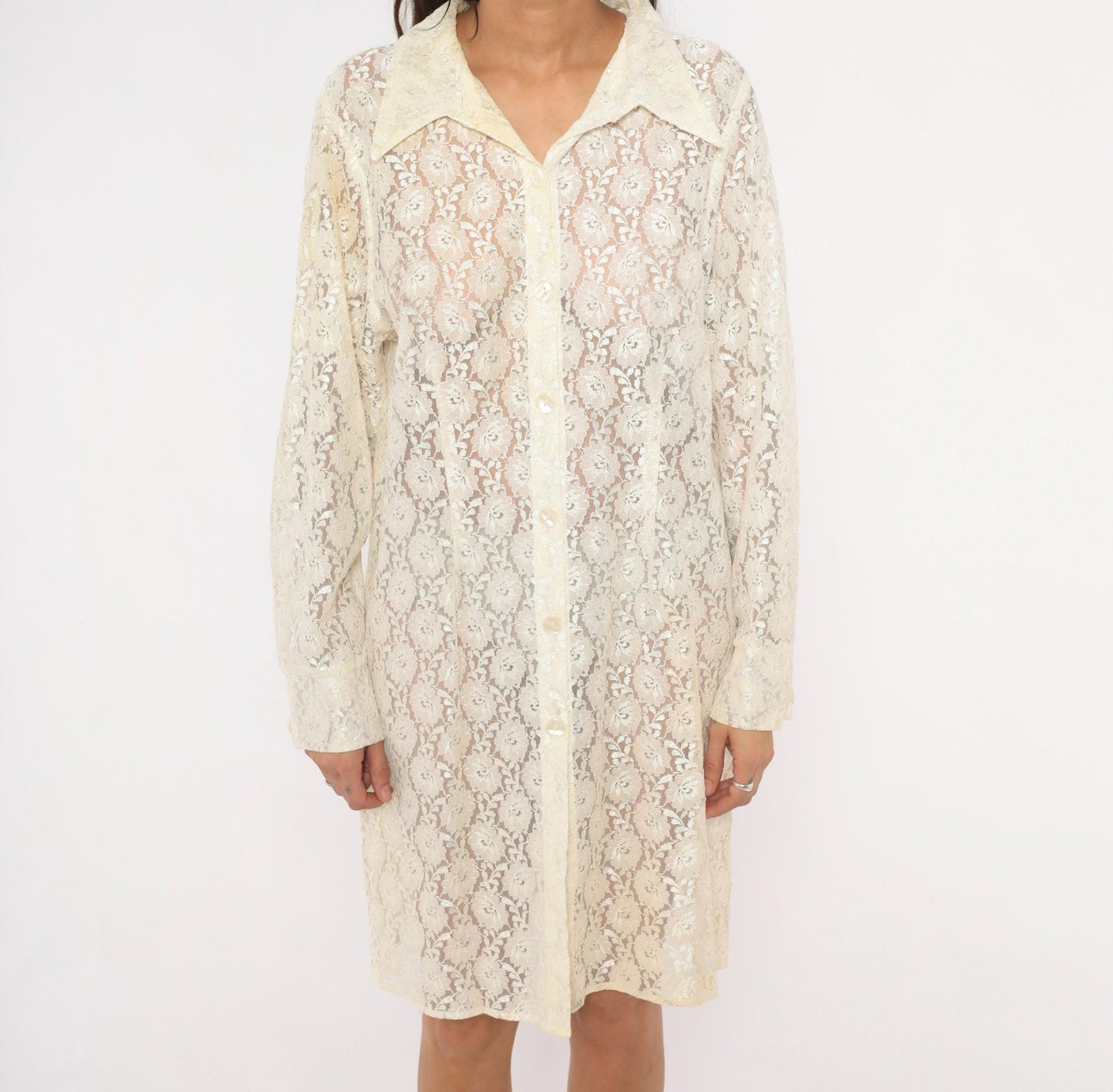 90s Deparis Cream Floral Lace Shirt Dress Knee Length Collared Large