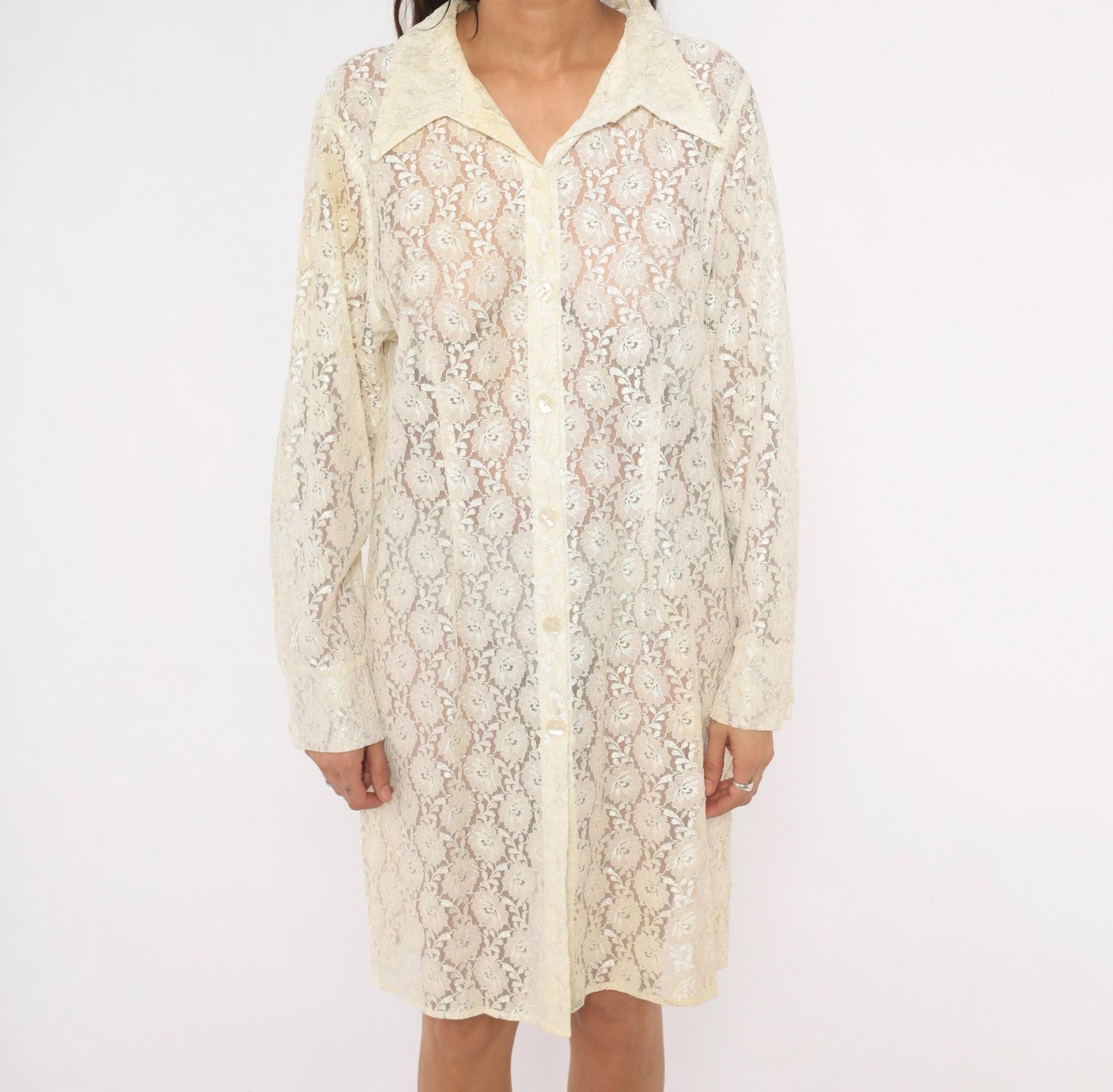 90s Deparis Cream Floral Lace Shirt Dress Knee Length Collared Large