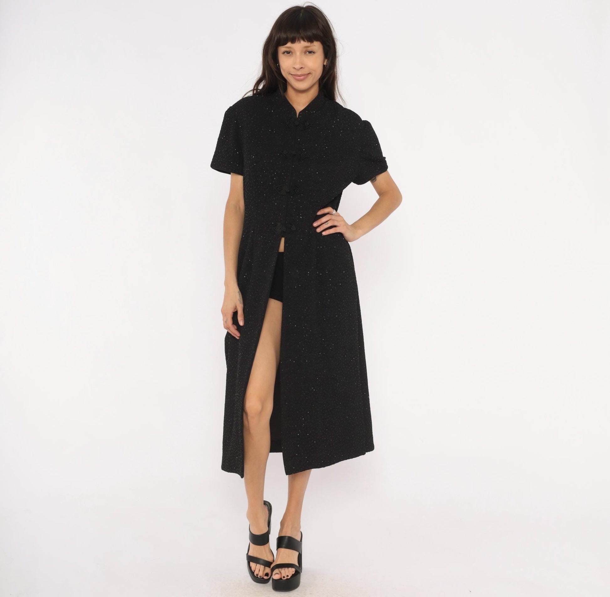 90s R&M Richards Black Glitter Cheongsam Midi Dress Frog Closure Mandarin Collar Extra Large