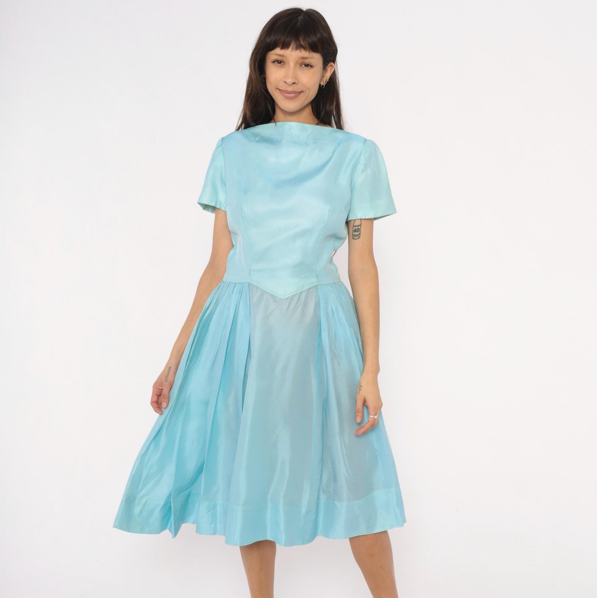 60s Baby Blue Fit-and-Flare Dress Basque Waist Pleated Knee-Length Large L