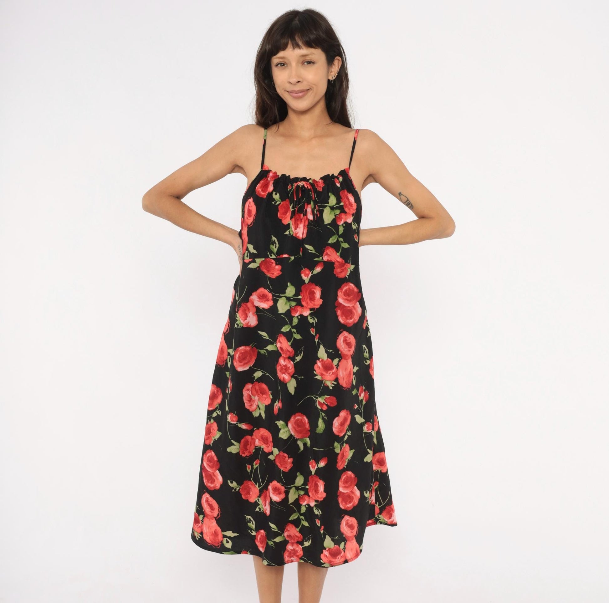 90s Chesley Rose Print Slip Dress Black Midi Spaghetti Strap Open Back Extra Large